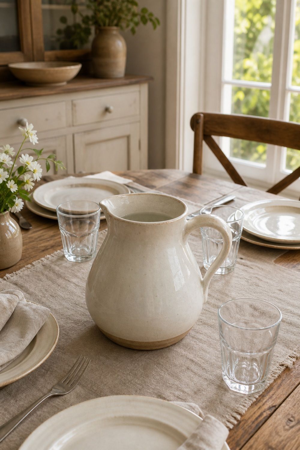 25 French Country Tablescape Ideas for Rustic Elegance 14. Water in a Ceramic Pitcher