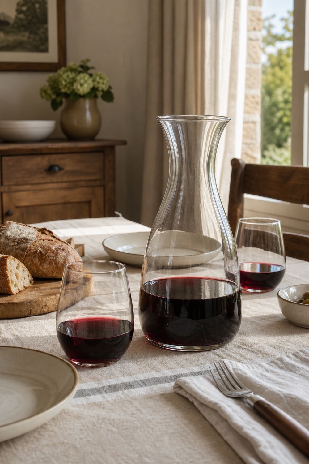 25 French Country Tablescape Ideas for Rustic Elegance 15. Wine in a Glass Carafe