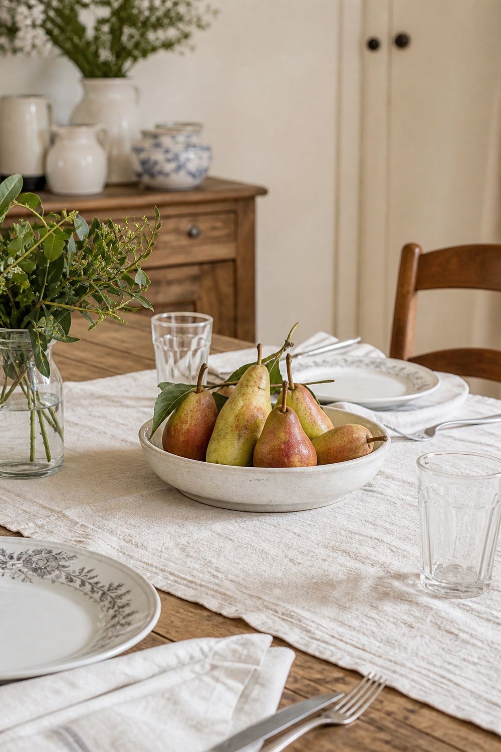 25 French Country Tablescape Ideas for Rustic Elegance 17. Pears or Figs as Edible Decor