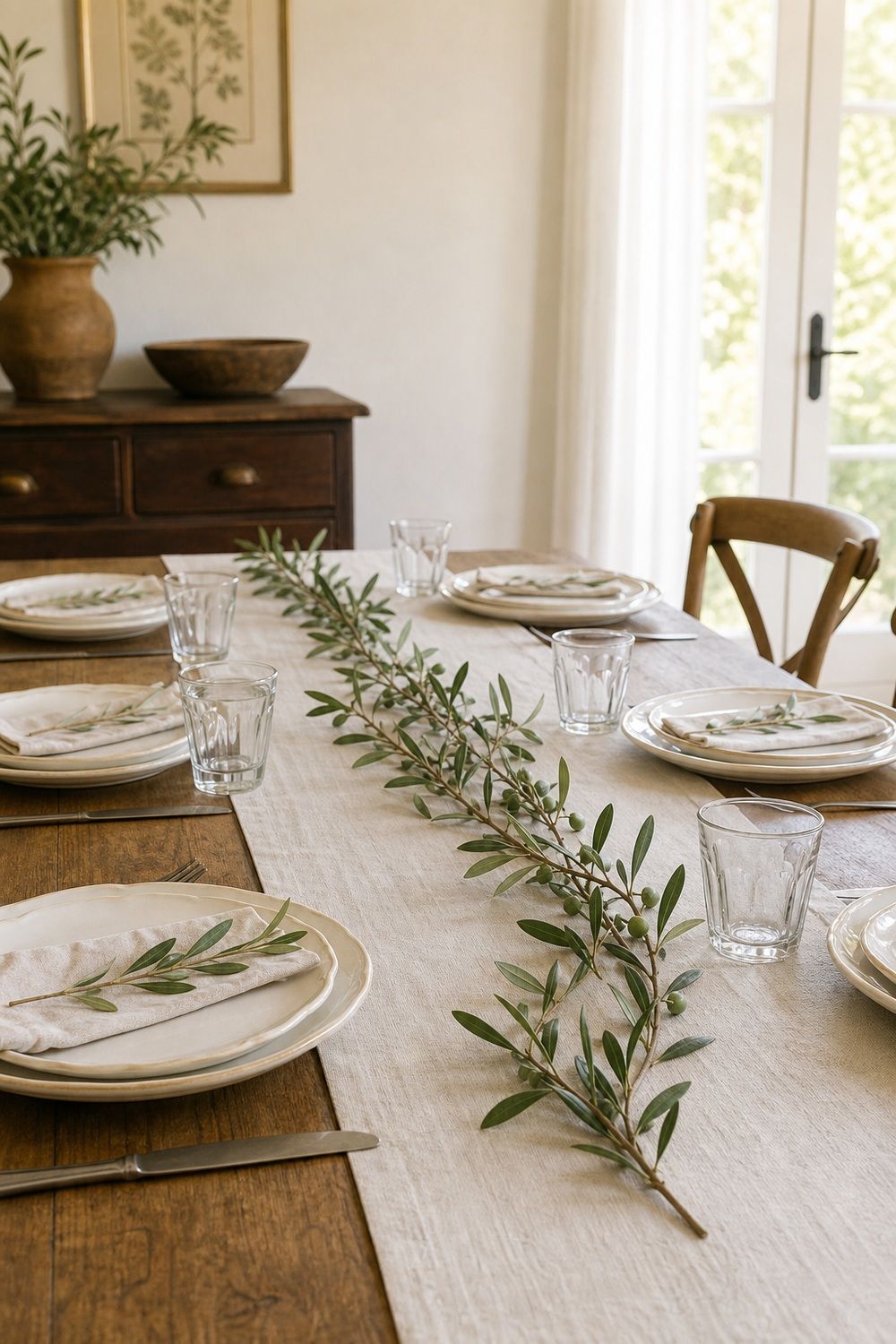 25 French Country Tablescape Ideas for Rustic Elegance 19. Olive Branches Down the Table