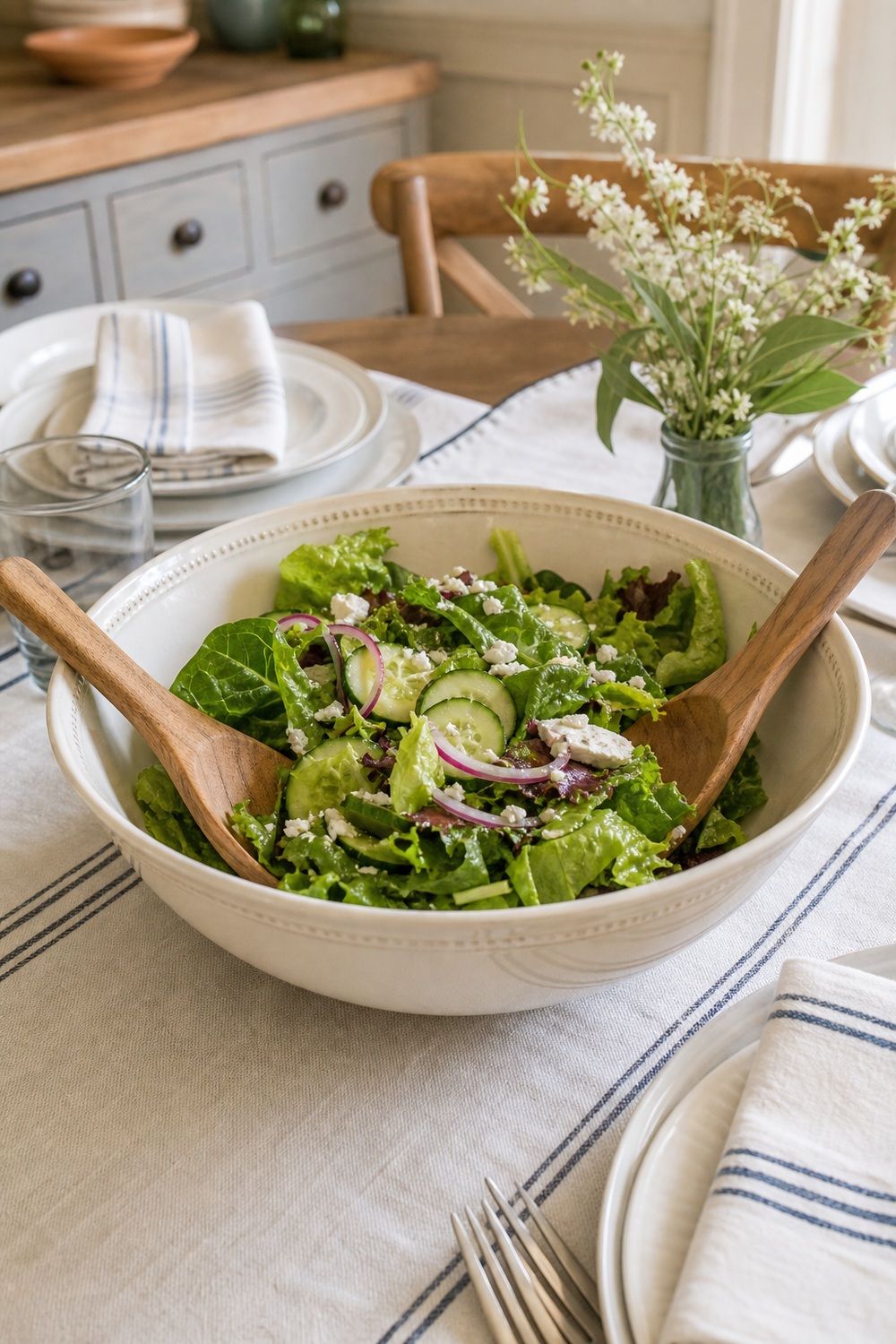 25 French Country Tablescape Ideas for Rustic Elegance 20. Salad in a Cream Bowl