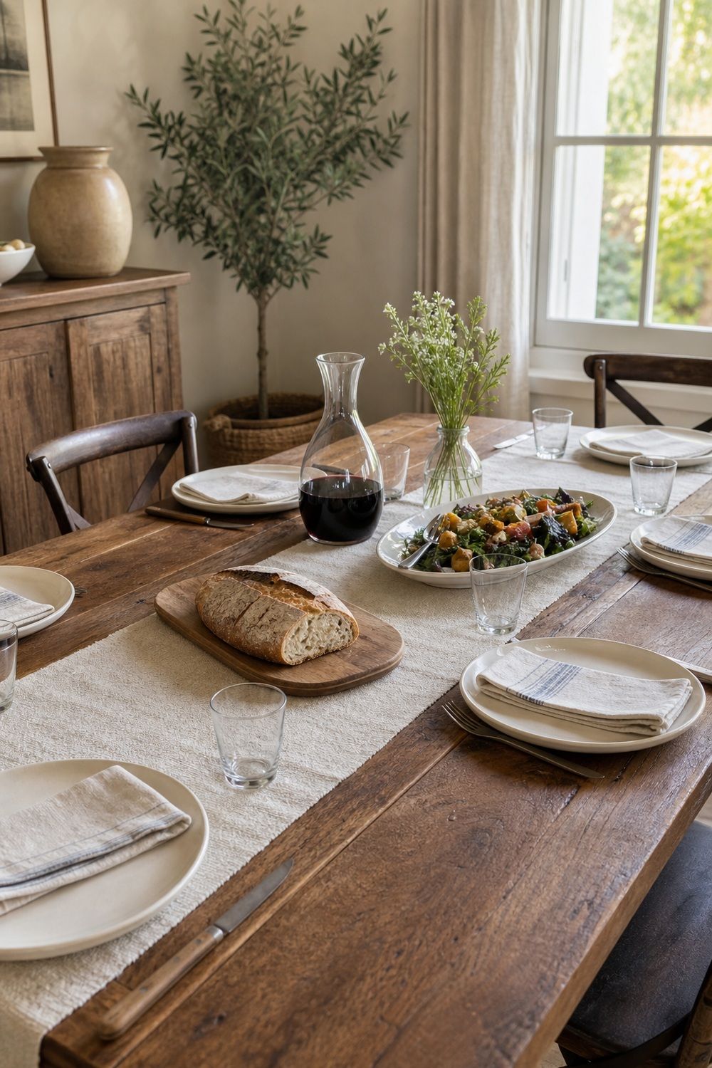 25 French Country Tablescape Ideas for Rustic Elegance 24. Room for Bread, Wine, and Platters