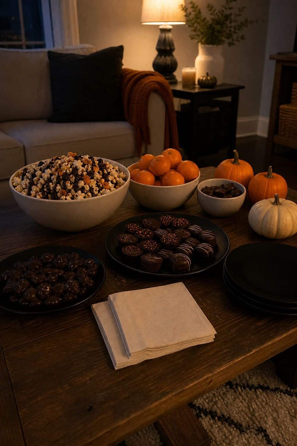 25 Halloween Movie Night Hosting Ideas for Easy Hosting 1. Use a Low-Light Halloween Movie Palette for a Halloween movie night hosting setup.
