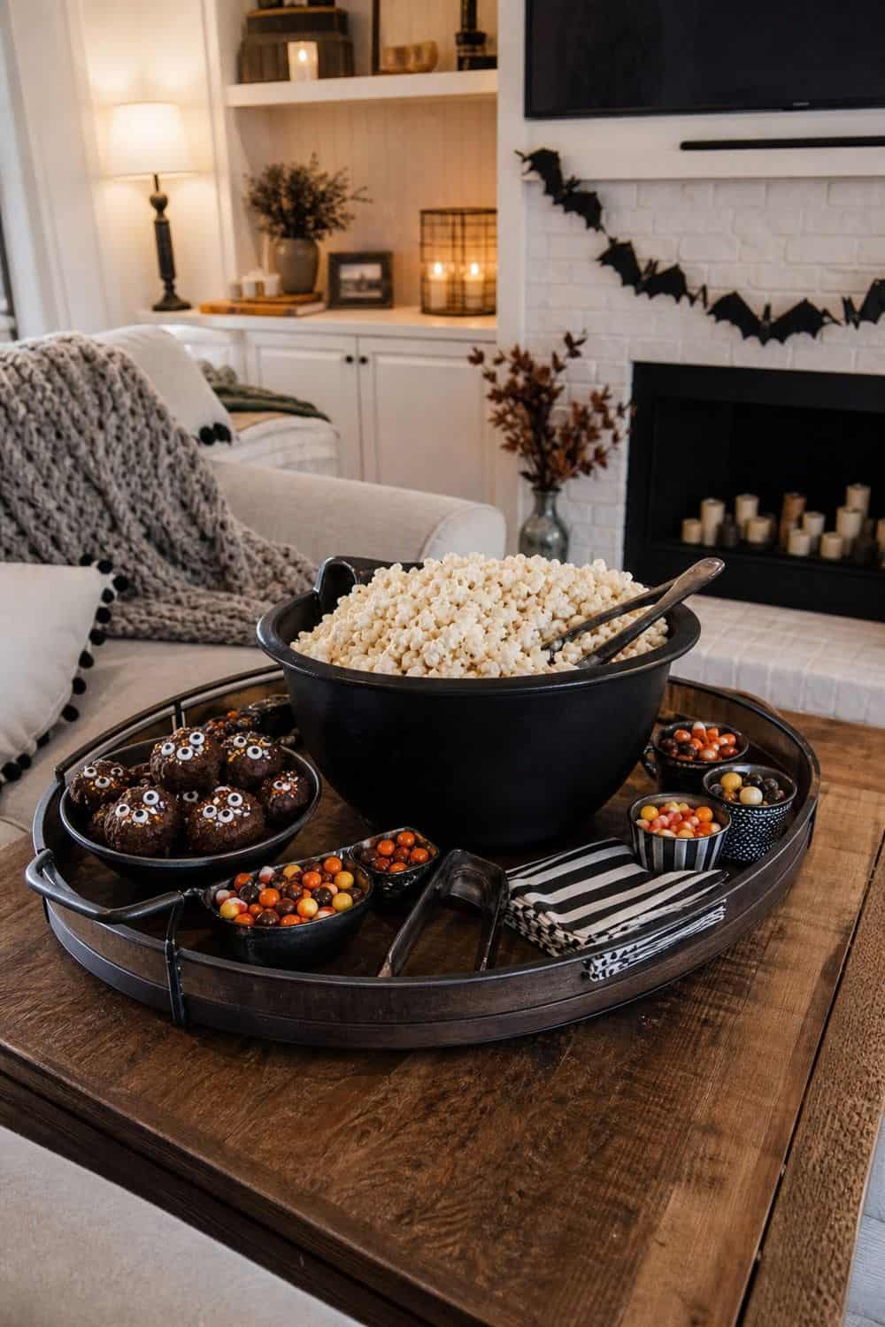 25 Halloween Movie Night Hosting Ideas for Easy Hosting 2. Build One Snack-Table Focal Point for a Halloween movie night hosting setup.