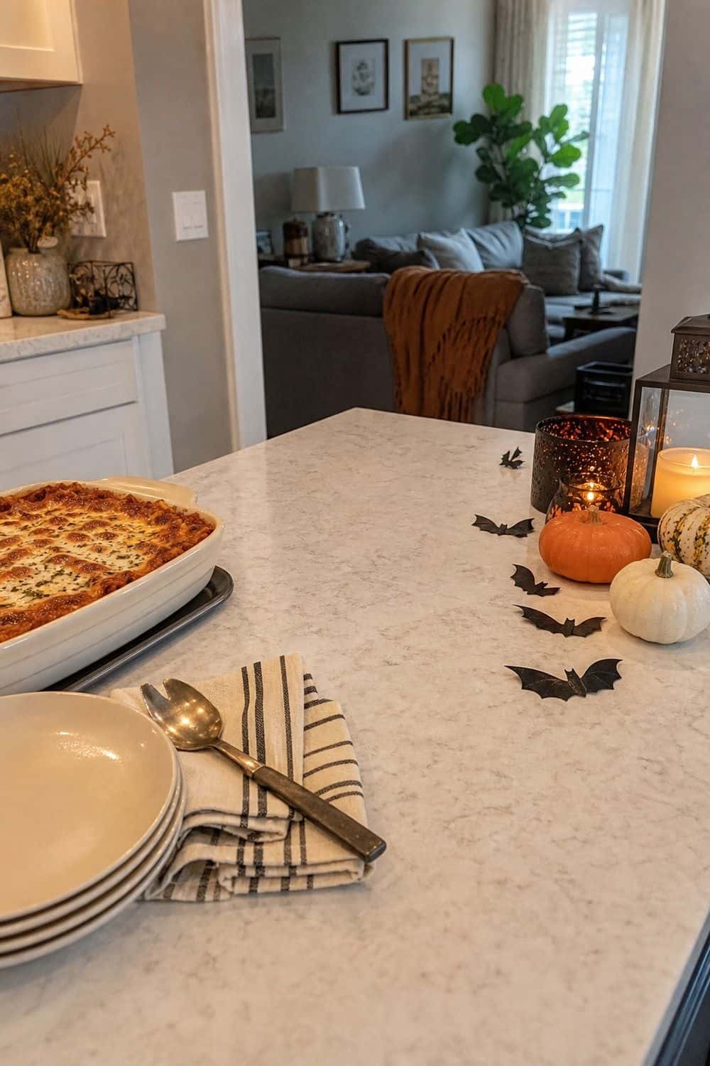 25 Halloween Movie Night Hosting Ideas for Easy Hosting 5. Keep Props Away From Hot Food and Prep Space for a Halloween movie night hosting setup.