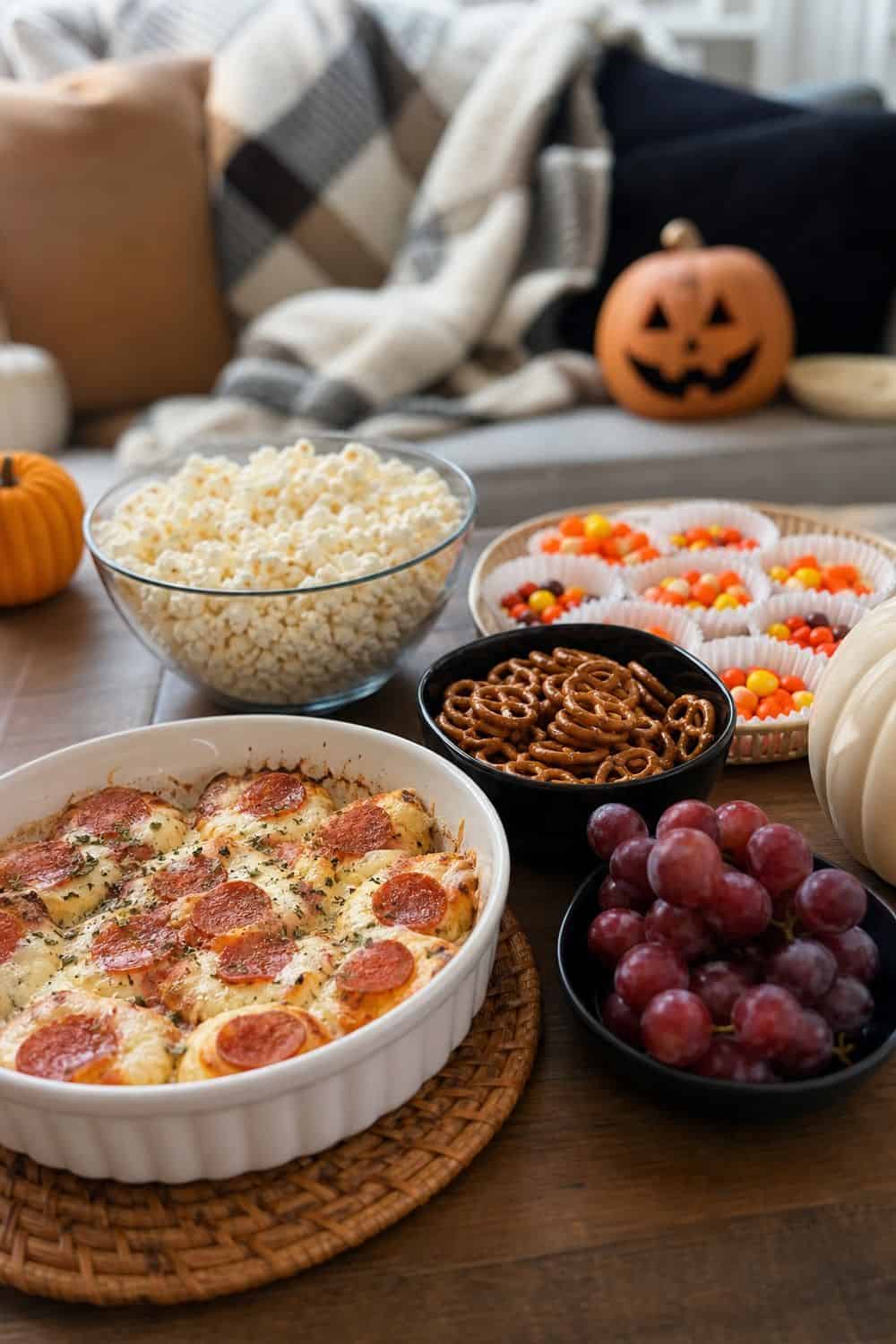 25 Halloween Movie Night Hosting Ideas for Easy Hosting 12. Balance Hot Bites With No-Fuss Movie Snacks for a Halloween movie night hosting setup.
