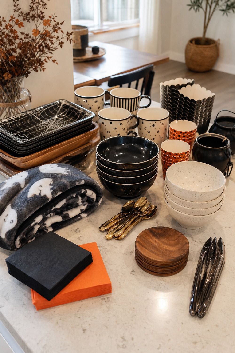25 Halloween Movie Night Hosting Ideas for Easy Hosting 16. Pull Bowls, Trays, and Snack Cups the Day Before for a Halloween movie night hosting setup.