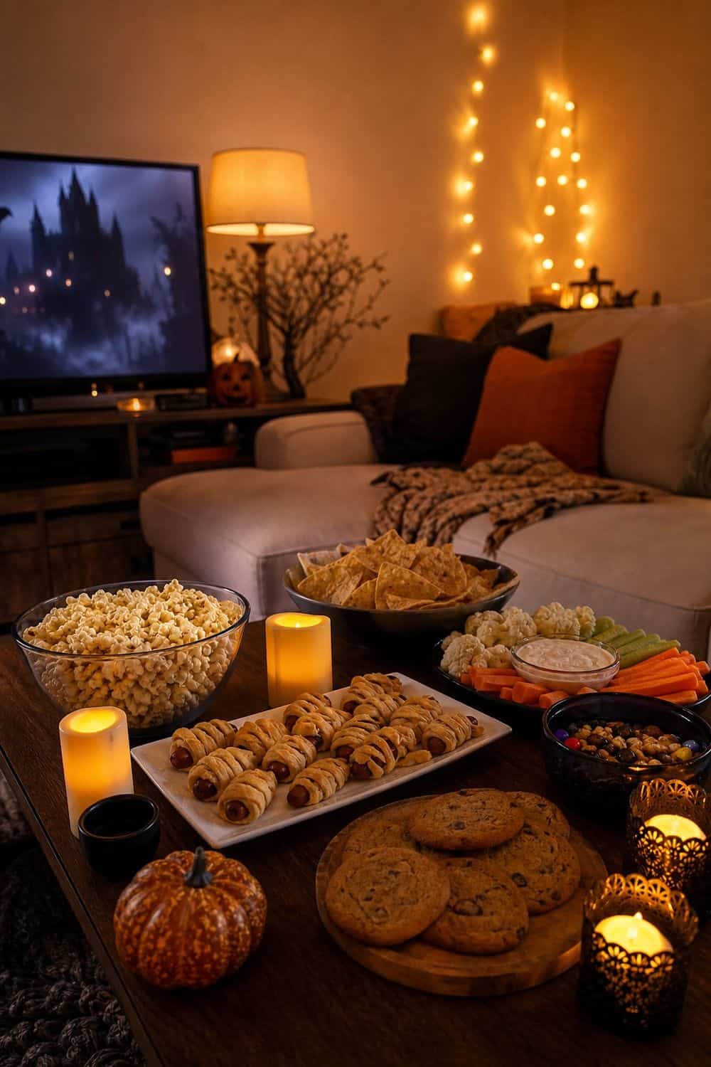 25 Halloween Movie Night Hosting Ideas for Easy Hosting 19. Use Dim Lighting That Still Shows the Food for a Halloween movie night hosting setup.
