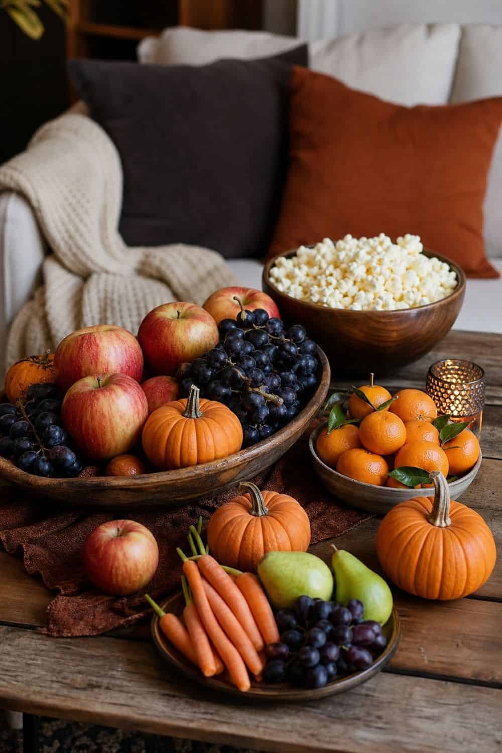 25 Halloween Movie Night Hosting Ideas for Easy Hosting 20. Decorate With Apples, Pumpkins, and Dark Grapes for a Halloween movie night hosting setup.
