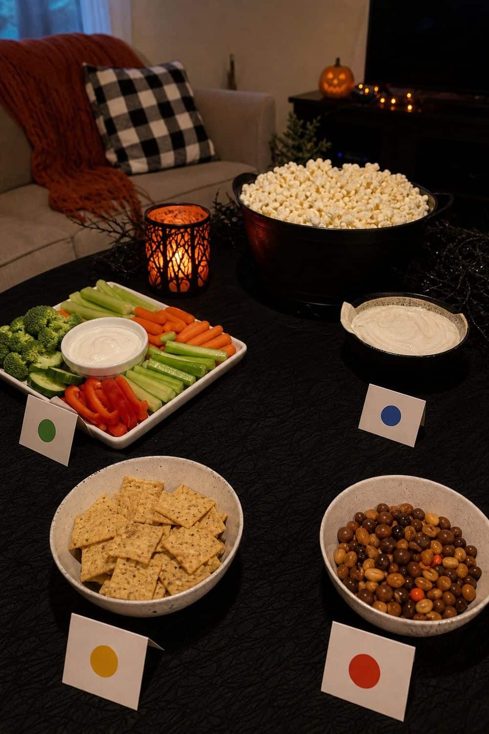 25 Halloween Movie Night Hosting Ideas for Easy Hosting 22. Separate Dietary-Friendly Movie Snacks Clearly for a Halloween movie night hosting setup.
