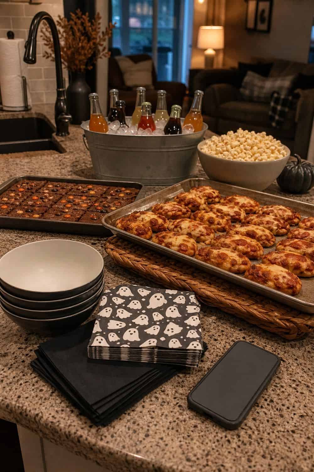 25 Halloween Movie Night Hosting Ideas for Easy Hosting 24. Time Hot Food Around the Movie Start for a Halloween movie night hosting setup.