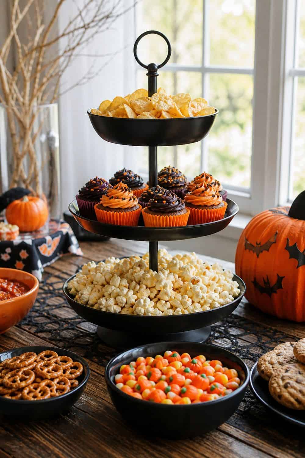 25 Halloween Party Food Ideas for Easy Hosting use height for candy, chips, and dry snacks for a Halloween party food hosting spread