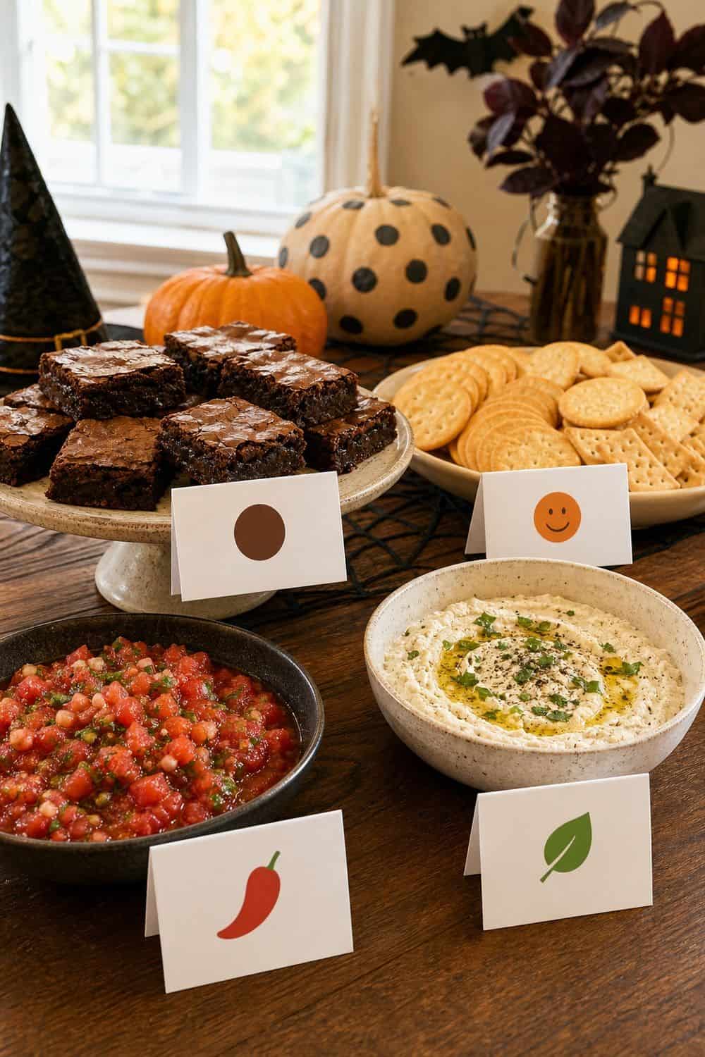 25 Halloween Party Food Ideas for Easy Hosting label spicy, sweet, and allergy-friendly food for a Halloween party food hosting spread