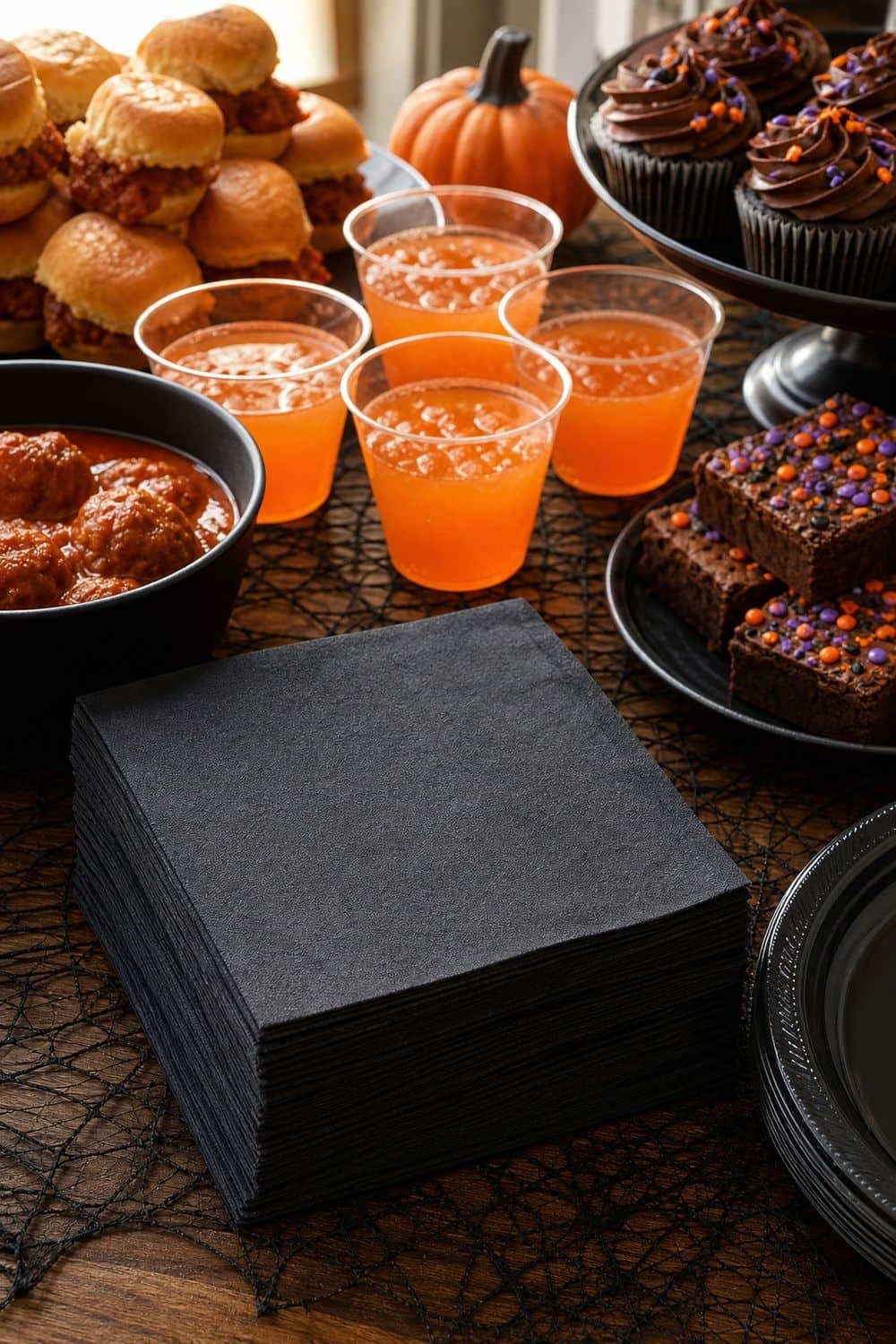 25 Halloween Party Food Ideas for Easy Hosting choose napkins for sticky party food for a Halloween party food hosting spread