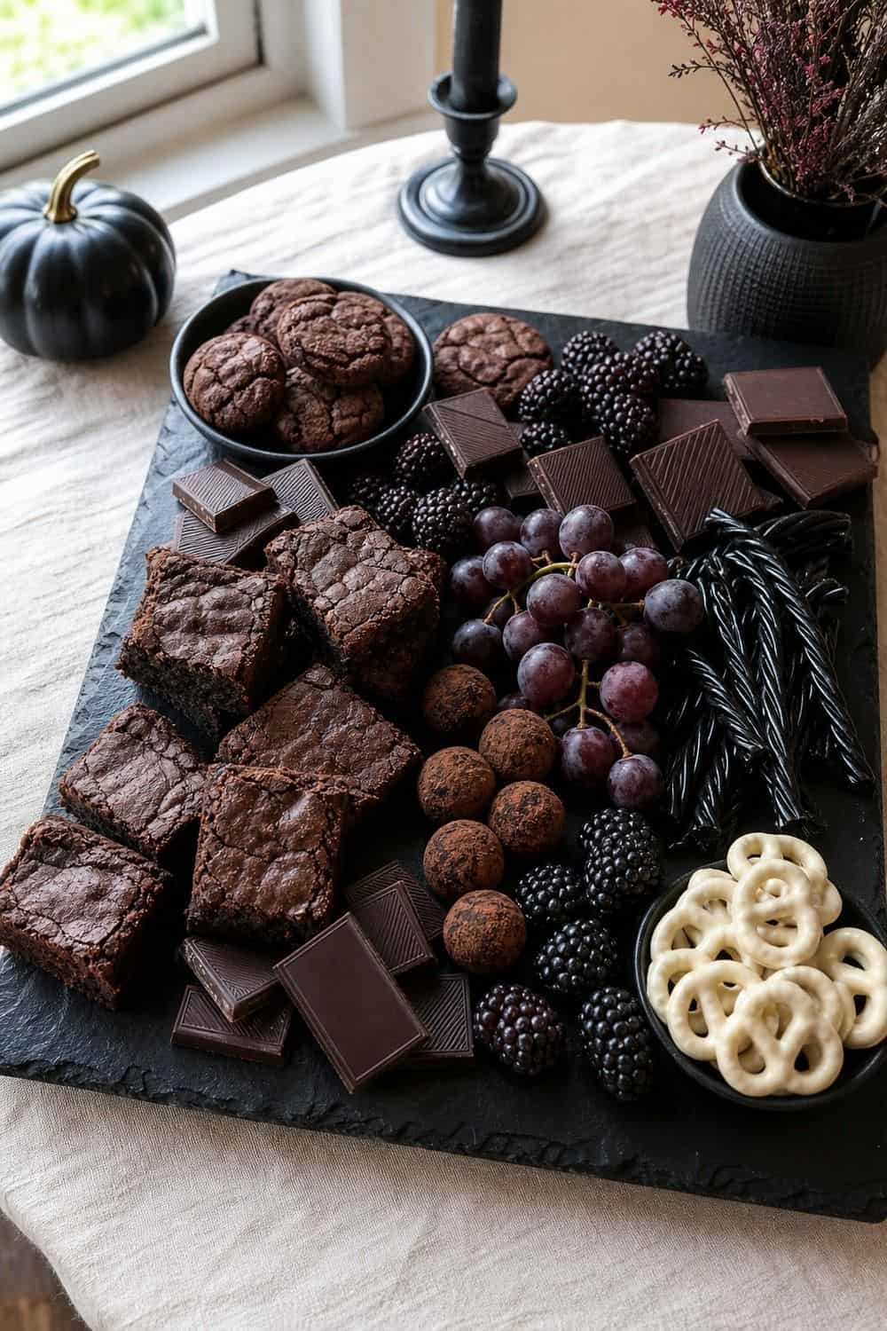 20 Halloween Treat Board Ideas for Cozy Food Moments 7. Black Magic Chocolate Board Halloween treat board idea arranged on a cozy home table