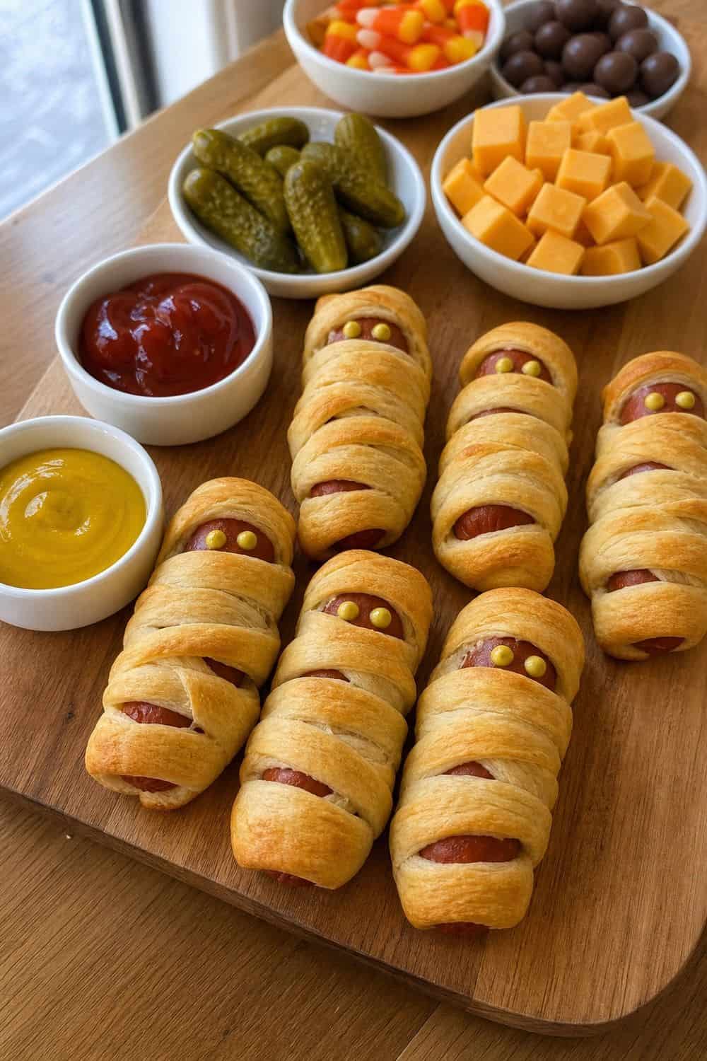 20 Halloween Treat Board Ideas for Cozy Food Moments 13. Mummy Hot Dog Mini Board Halloween treat board idea arranged on a cozy home table