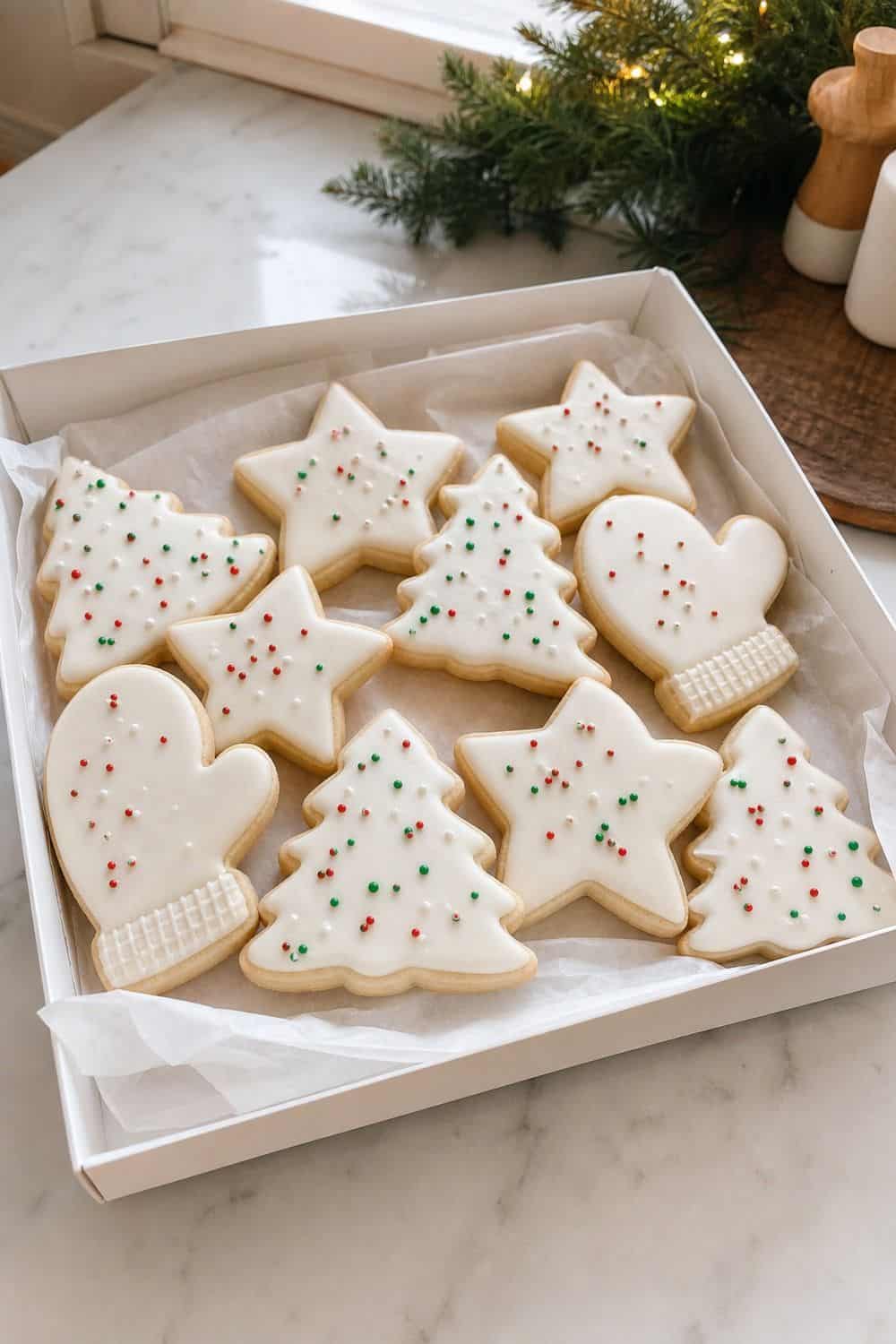 15 Holiday Cookie Box Ideas for Cozy Food Moments Cutout Sugar Cookie Box with holiday cookies arranged neatly in a gift box