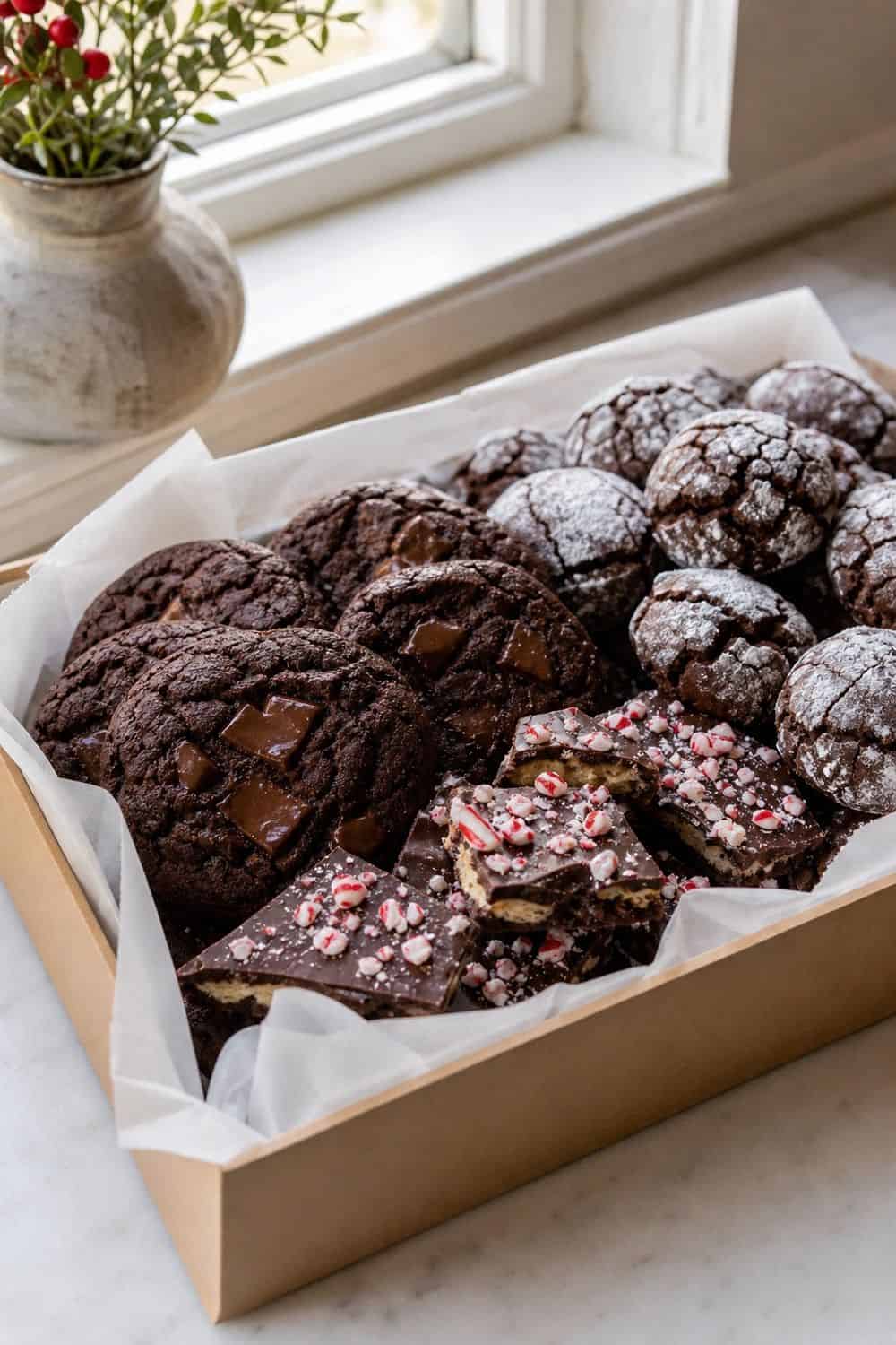 15 Holiday Cookie Box Ideas for Cozy Food Moments Chocolate Peppermint Cookie Box with holiday cookies arranged neatly in a gift box