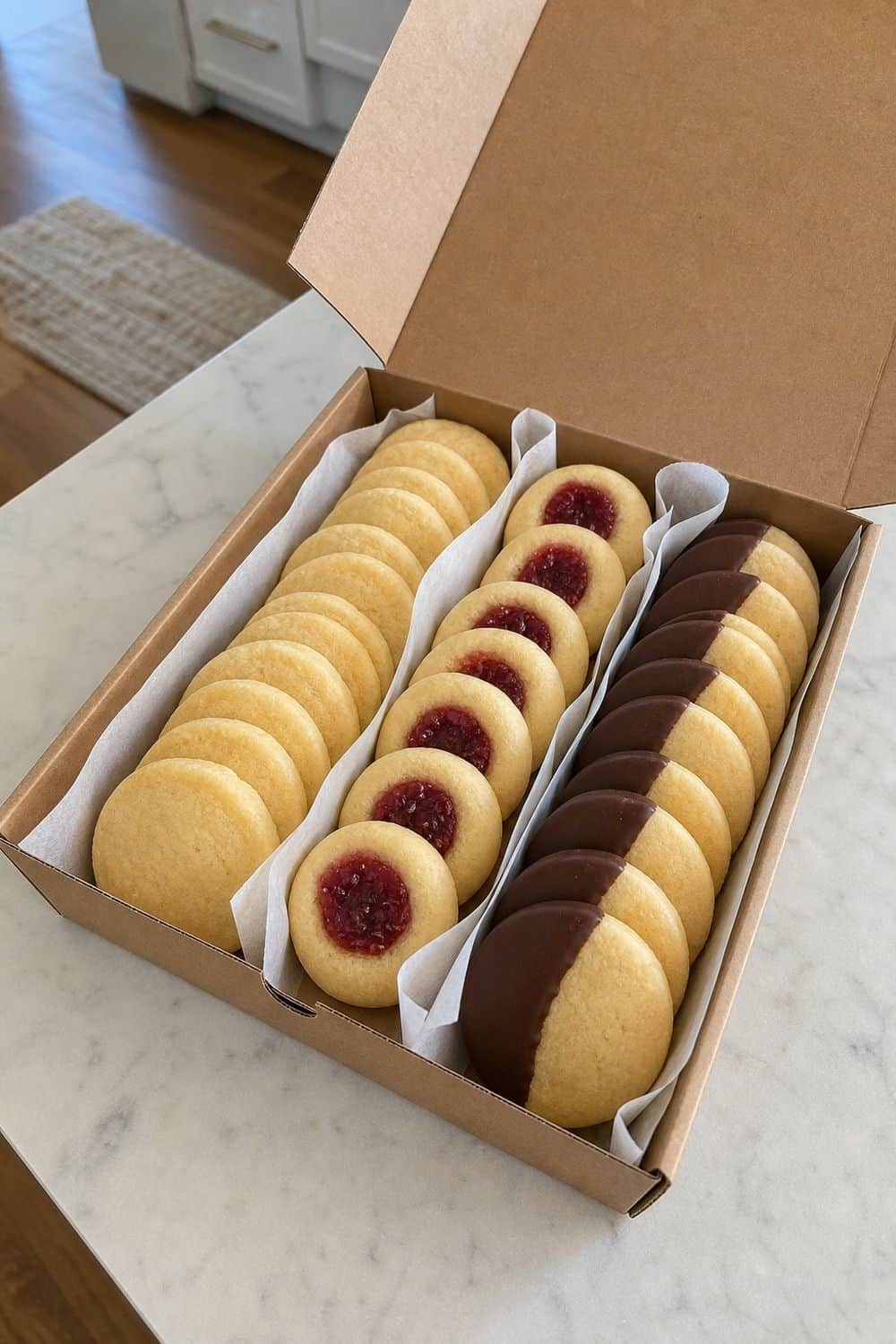 15 Holiday Cookie Box Ideas for Cozy Food Moments One-Dough Three-Ways Box with holiday cookies arranged neatly in a gift box