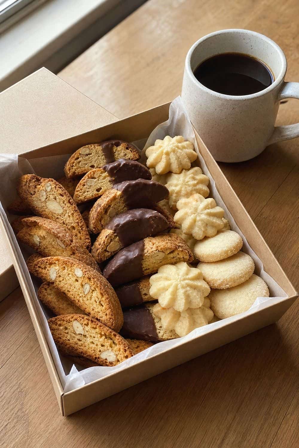 15 Holiday Cookie Box Ideas for Cozy Food Moments Biscotti and Coffee Cookie Box with holiday cookies arranged neatly in a gift box