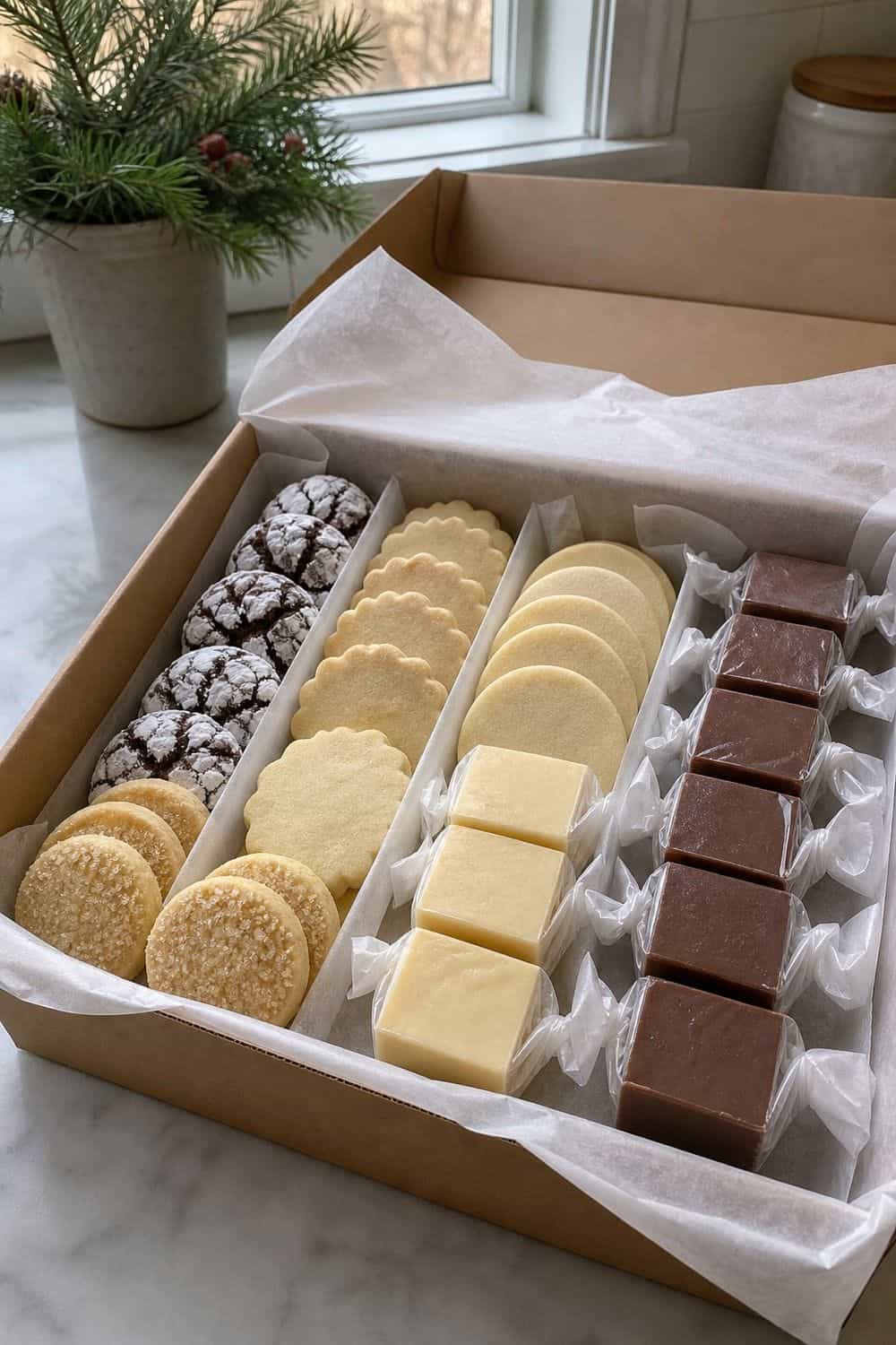 15 Holiday Cookie Box Ideas for Cozy Food Moments Cookie and Fudge Variety Box with holiday cookies arranged neatly in a gift box