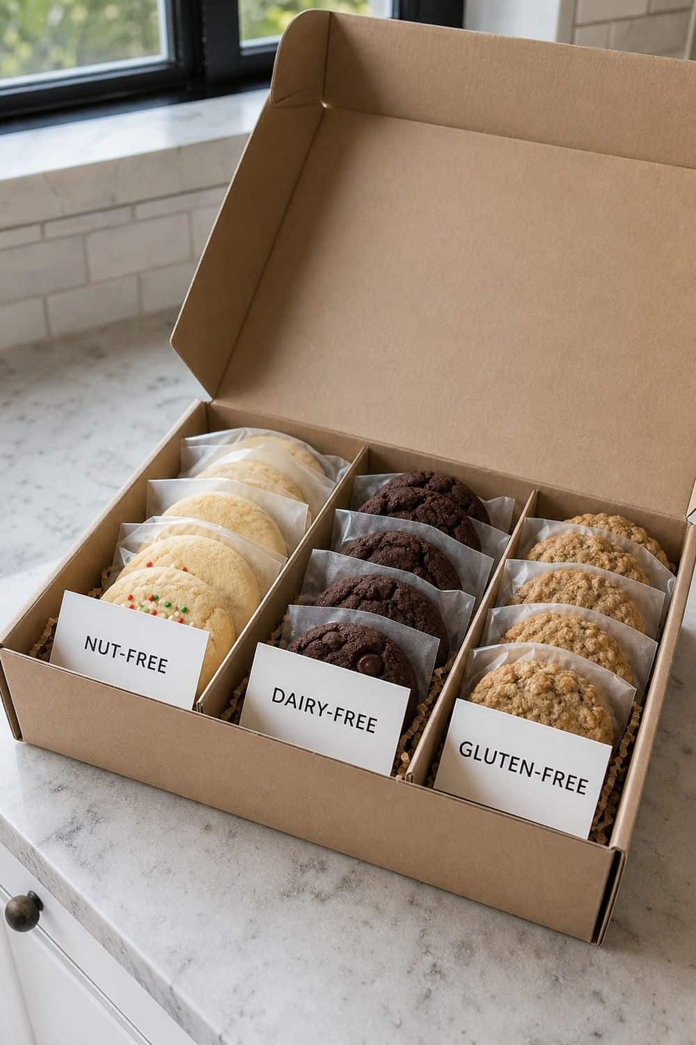 15 Holiday Cookie Box Ideas for Cozy Food Moments Labeled Allergy-Aware Cookie Box with holiday cookies arranged neatly in a gift box