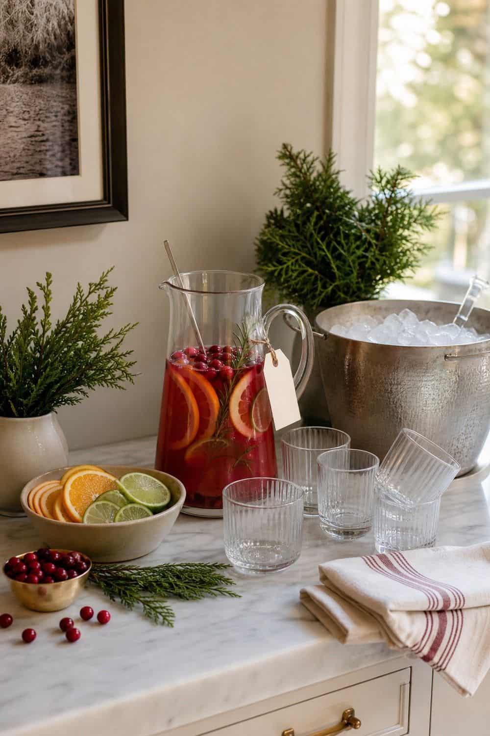 25 Holiday Dinner Party Ideas for Easy Hosting Batched Signature Cocktail setup for an easy holiday dinner party.