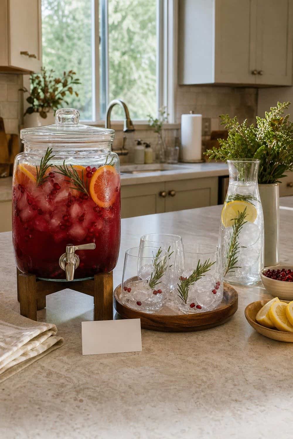 25 Holiday Dinner Party Ideas for Easy Hosting Zero-Proof Holiday Drink setup for an easy holiday dinner party.