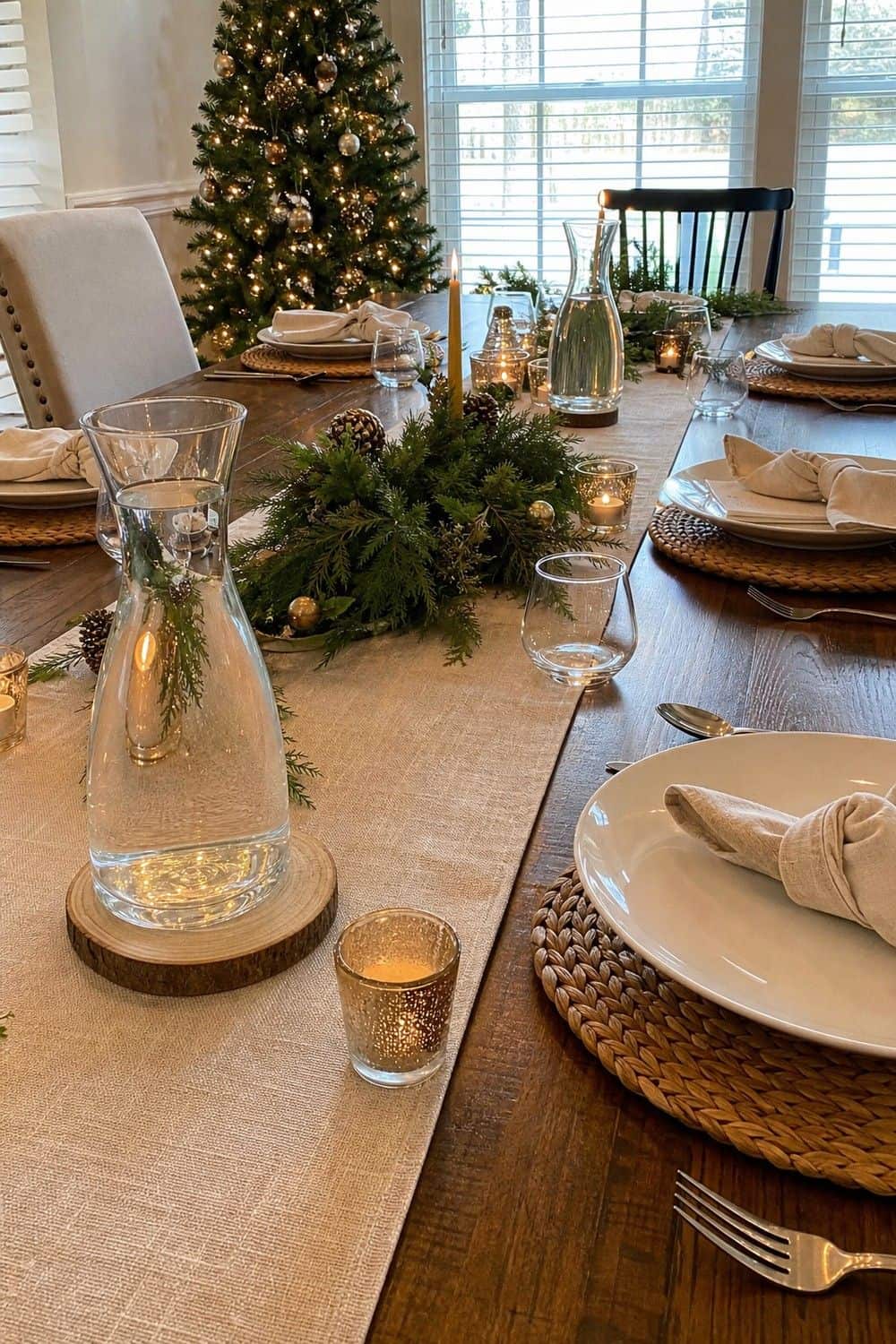 25 Holiday Dinner Party Ideas for Easy Hosting Water Carafes on the Table setup for an easy holiday dinner party.
