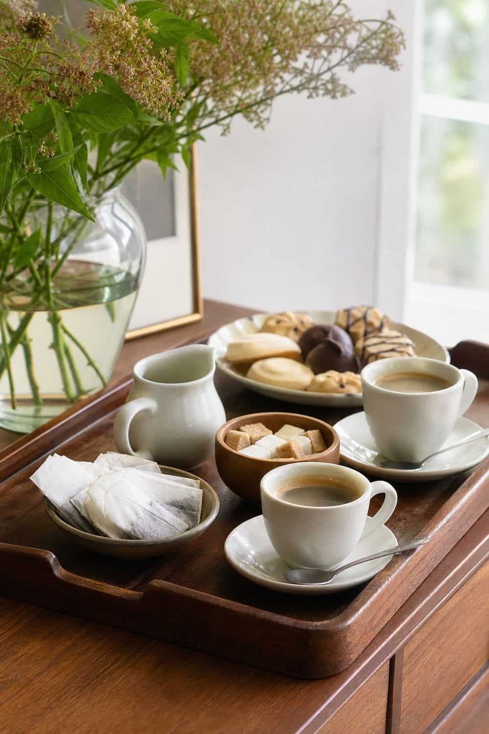 25 Holiday Dinner Party Ideas for Easy Hosting Coffee, Tea, and One Last Sweet Bite setup for an easy holiday dinner party.