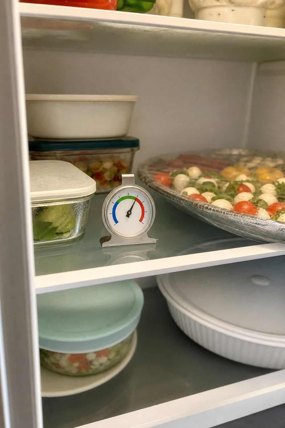 20 Holiday Fridge Ideas for Party Prep and Leftovers Holiday fridge idea showing check the temperature before you pack the fridge.