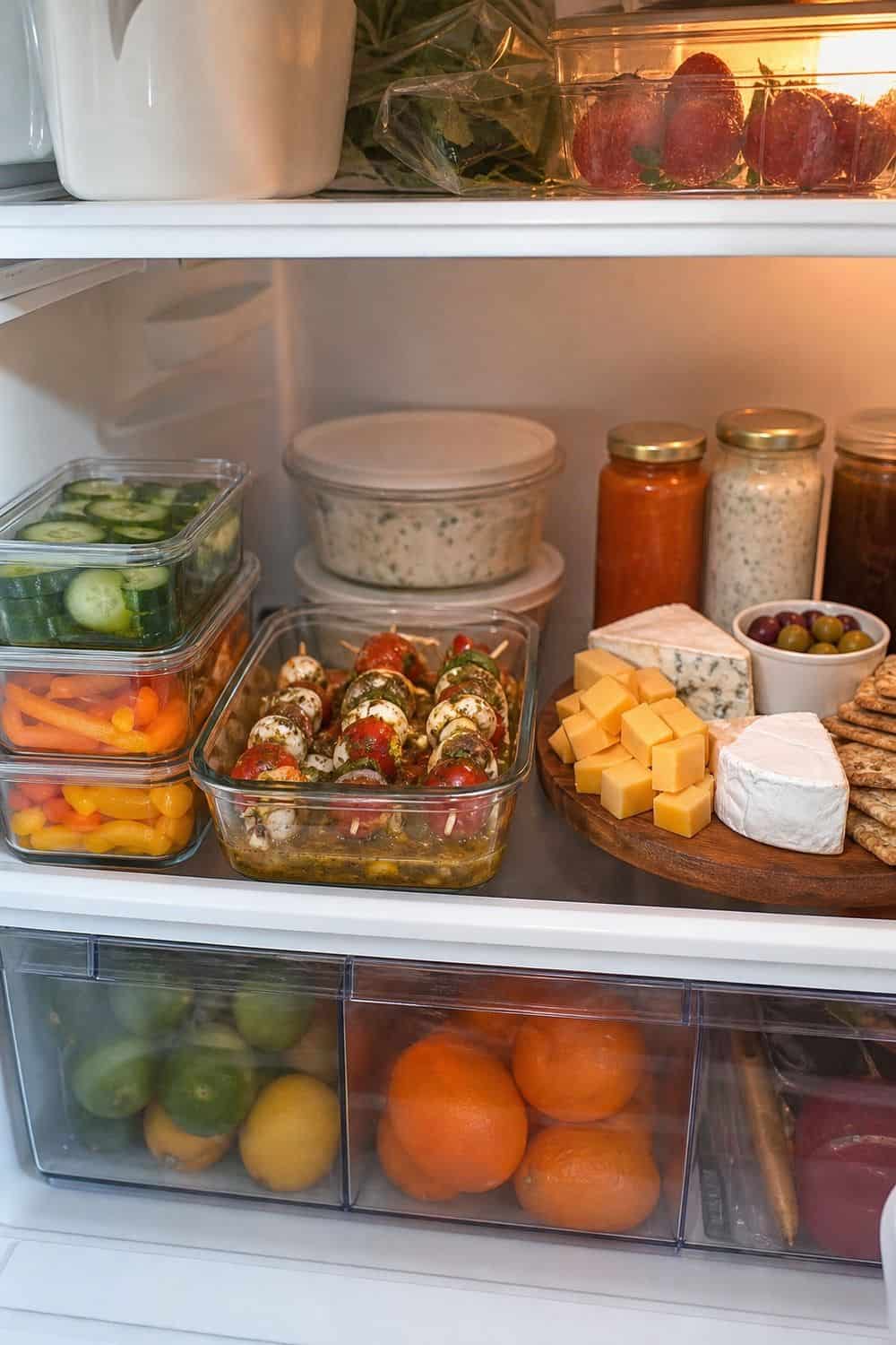 20 Holiday Fridge Ideas for Party Prep and Leftovers Holiday fridge idea showing create a party prep shelf.