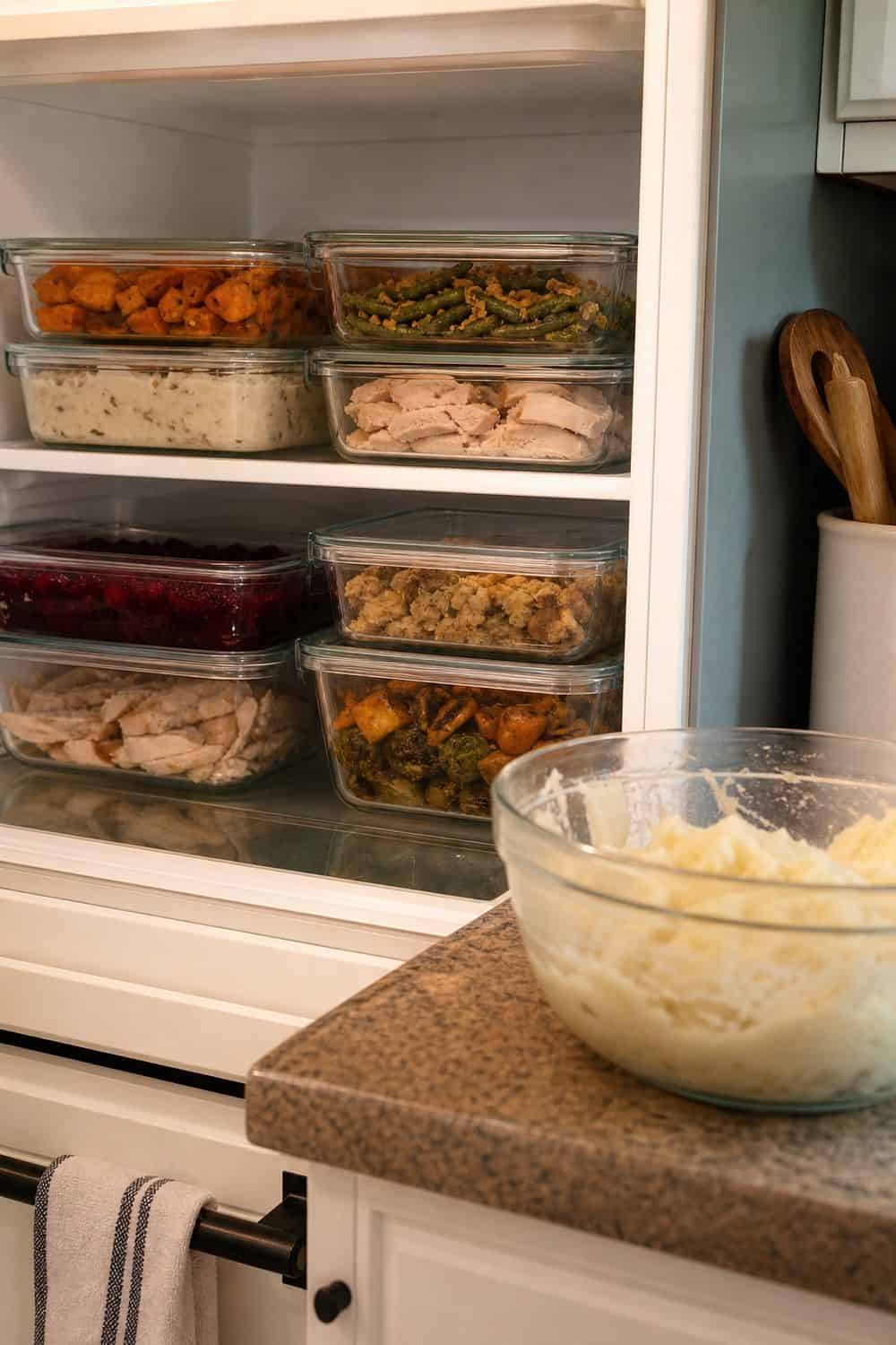 20 Holiday Fridge Ideas for Party Prep and Leftovers Holiday fridge idea showing use shallow containers for leftovers.