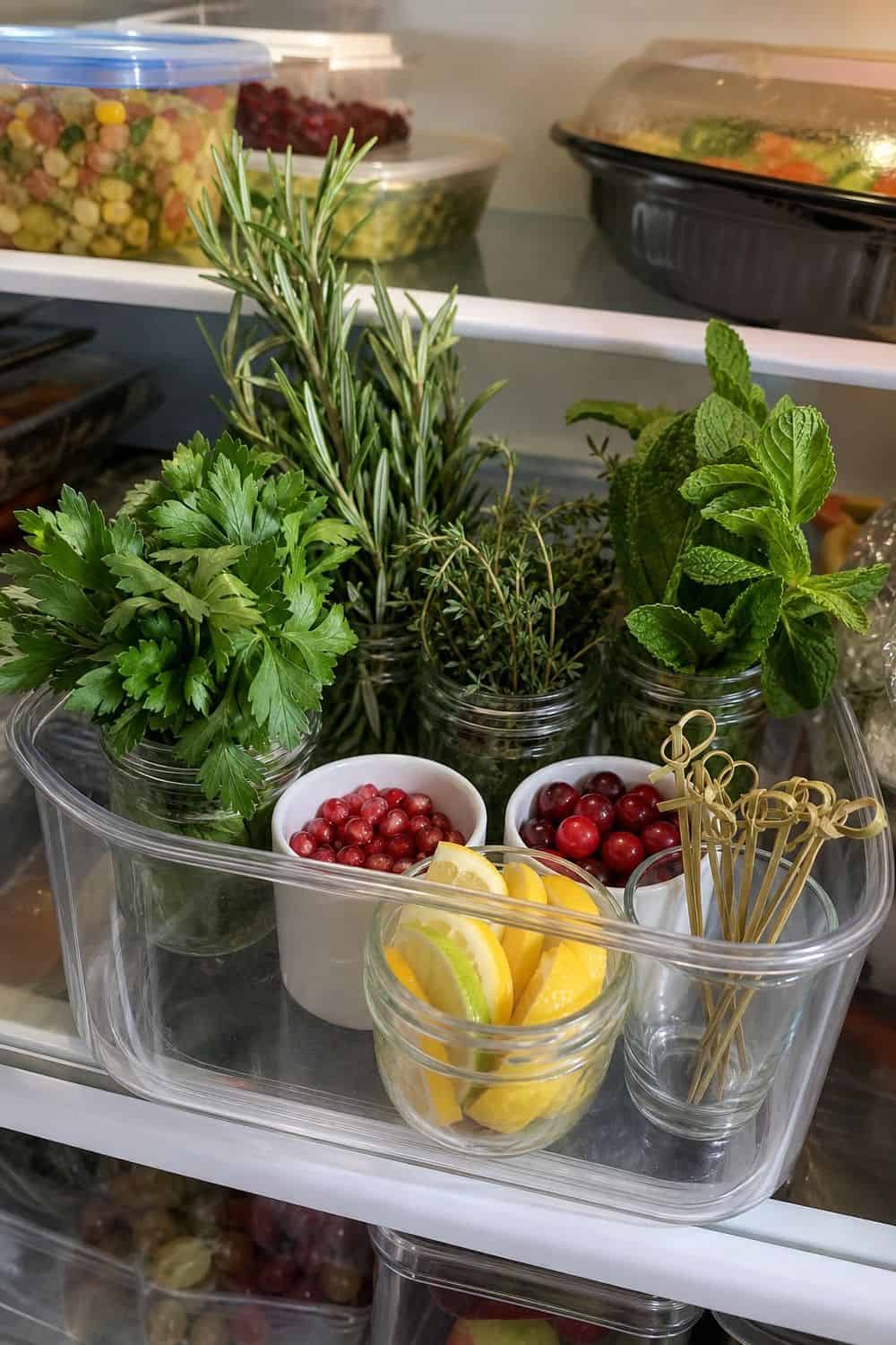 20 Holiday Fridge Ideas for Party Prep and Leftovers Holiday fridge idea showing keep garnishes and herbs together.