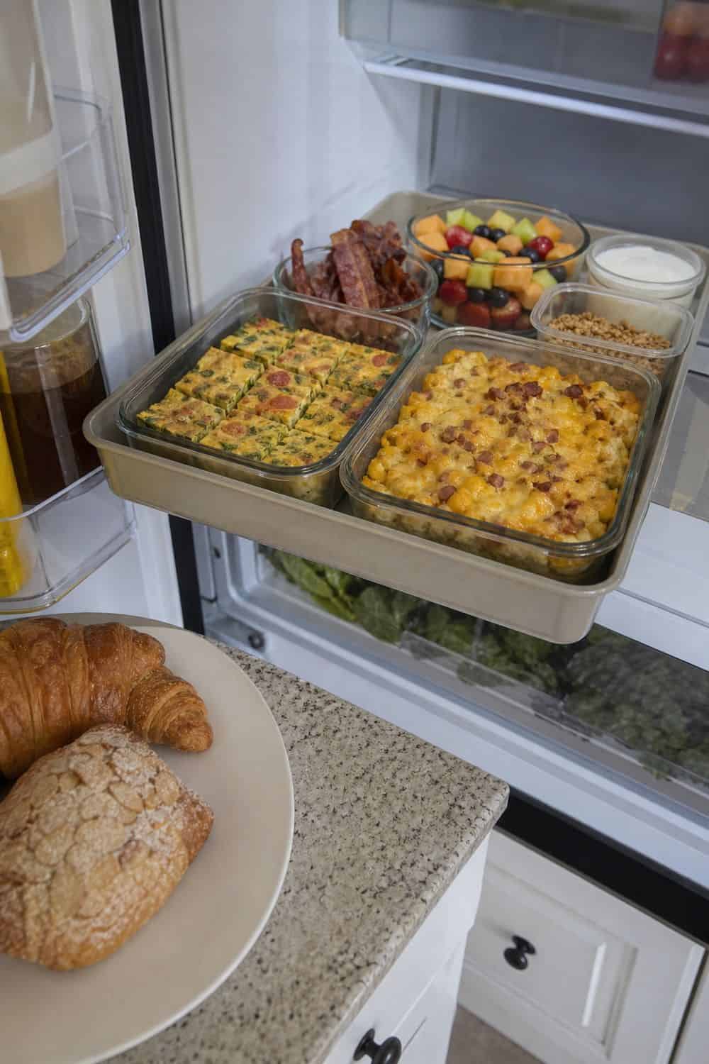 20 Holiday Fridge Ideas for Party Prep and Leftovers Holiday fridge idea showing create a brunch leftover zone.
