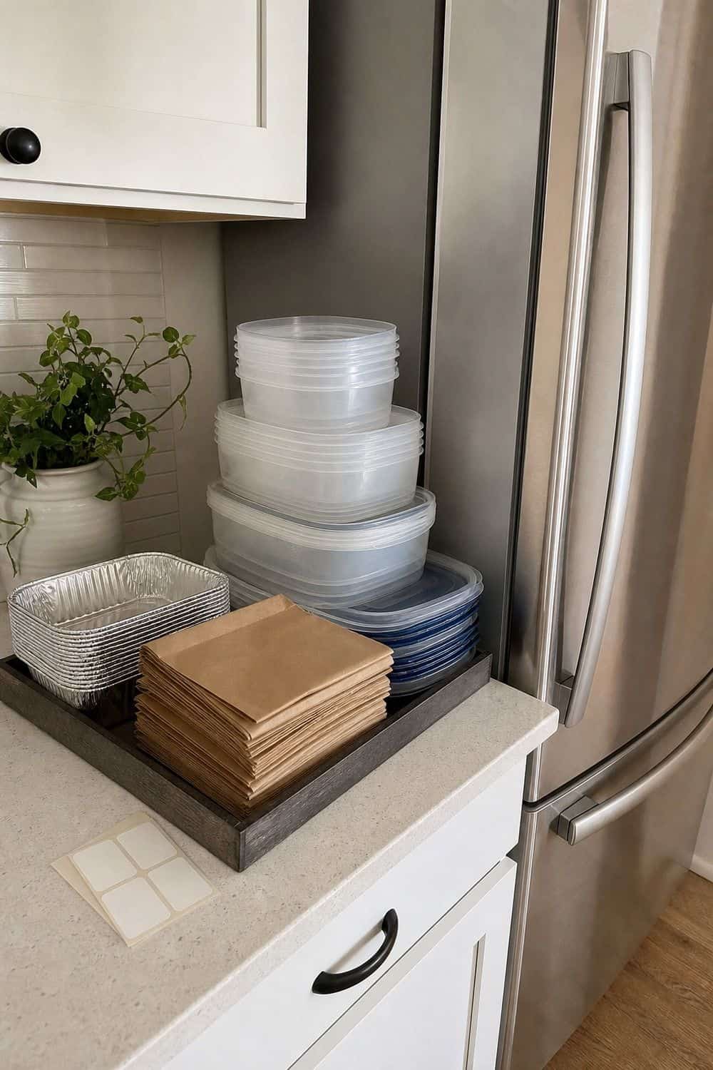 20 Holiday Fridge Ideas for Party Prep and Leftovers Holiday fridge idea showing keep take-home containers near the fridge.