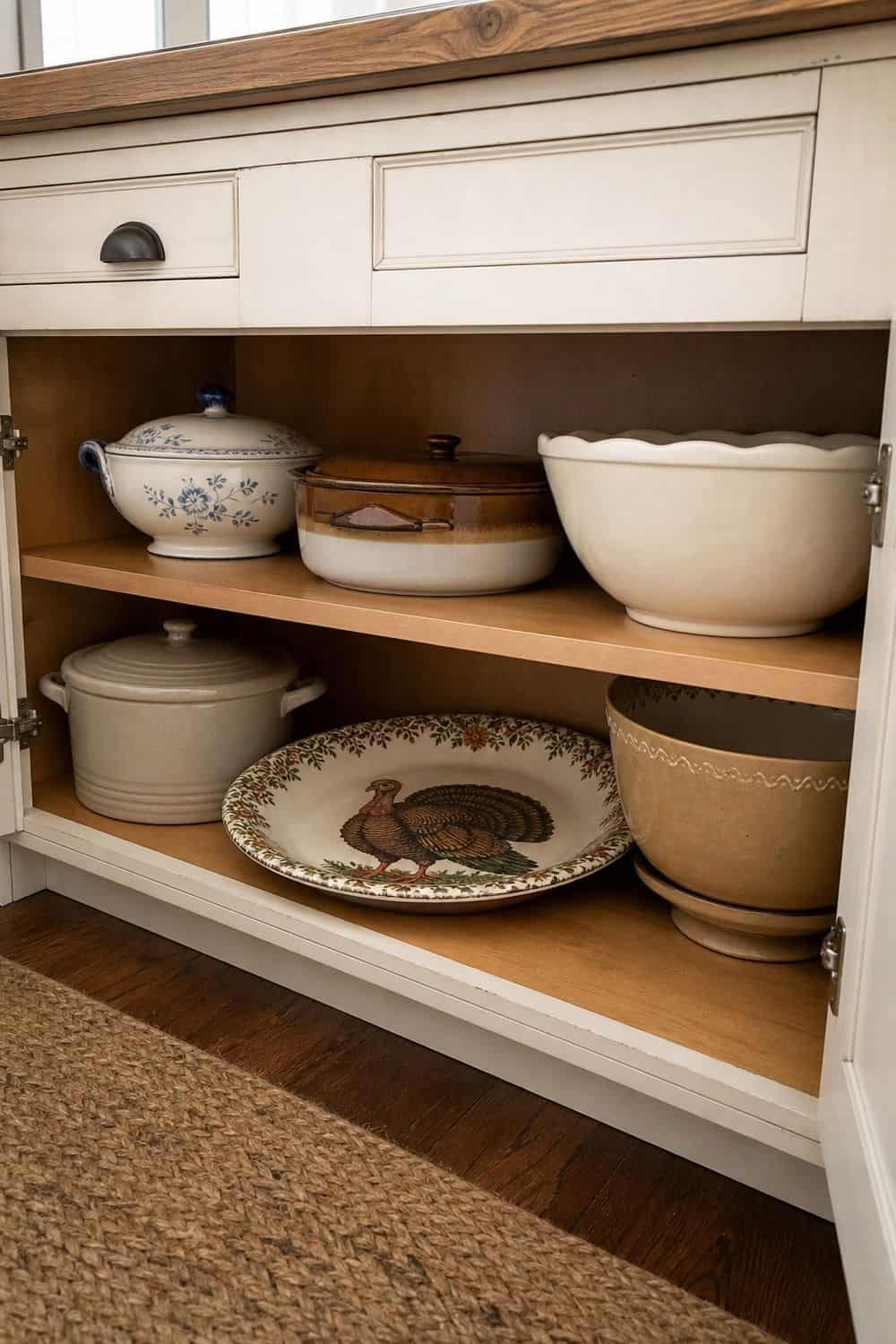 25 Holiday Serving Dish Organization Ideas Keep Heavy Stoneware and Turkey Platters on Low Shelves for holiday serving dish organization in a real home kitchen