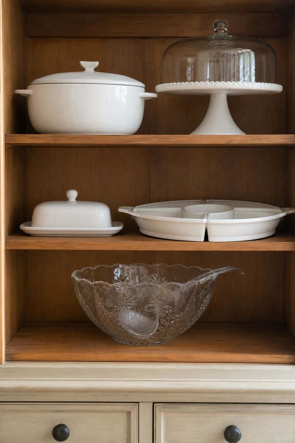 25 Holiday Serving Dish Organization Ideas Match Lids, Domes, and Inserts With the Serving Piece for holiday serving dish organization in a real home kitchen