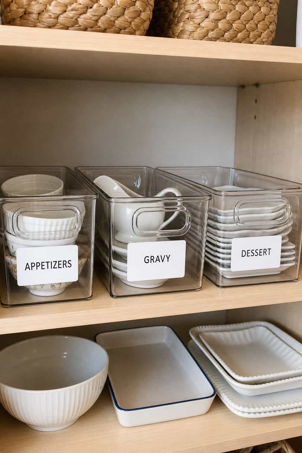 25 Holiday Serving Dish Organization Ideas Label Bins by Course or Serving Job for holiday serving dish organization in a real home kitchen