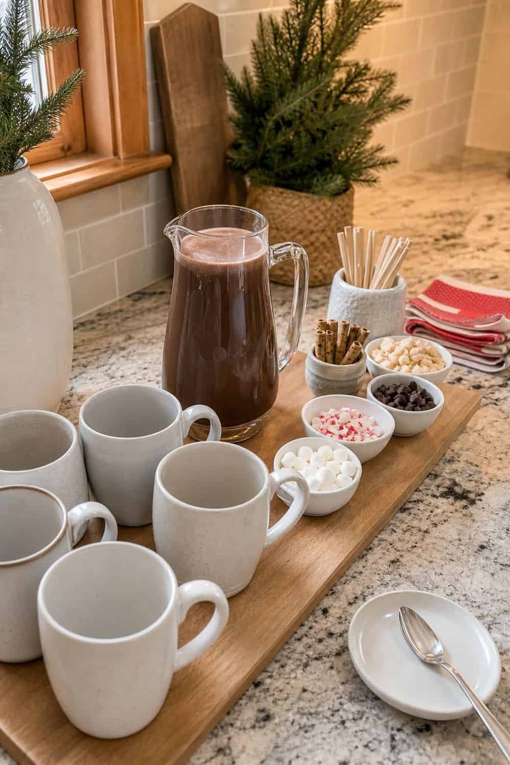 20 Hot Chocolate Station Ideas for Cozy Winter Nights clear pour-and-top flow setup for a cozy hot chocolate station with practical serving details.