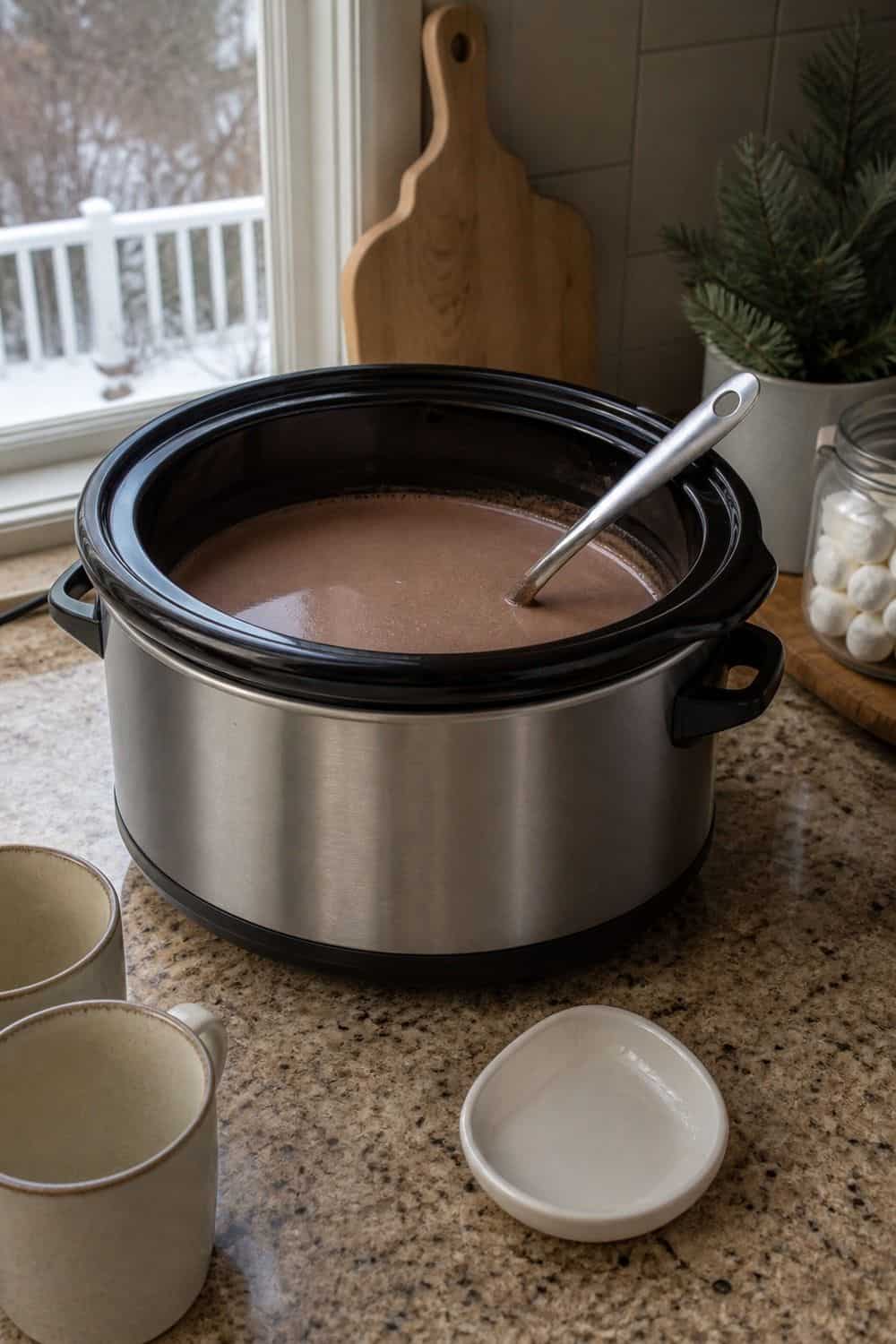 20 Hot Chocolate Station Ideas for Cozy Winter Nights slow-cooker cocoa for self-serve warmth setup for a cozy hot chocolate station with practical serving details.