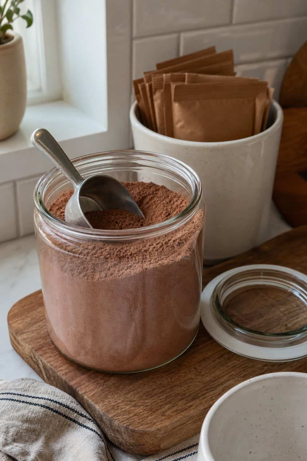 20 Hot Chocolate Station Ideas for Cozy Winter Nights cocoa mix in an airtight jar setup for a cozy hot chocolate station with practical serving details.