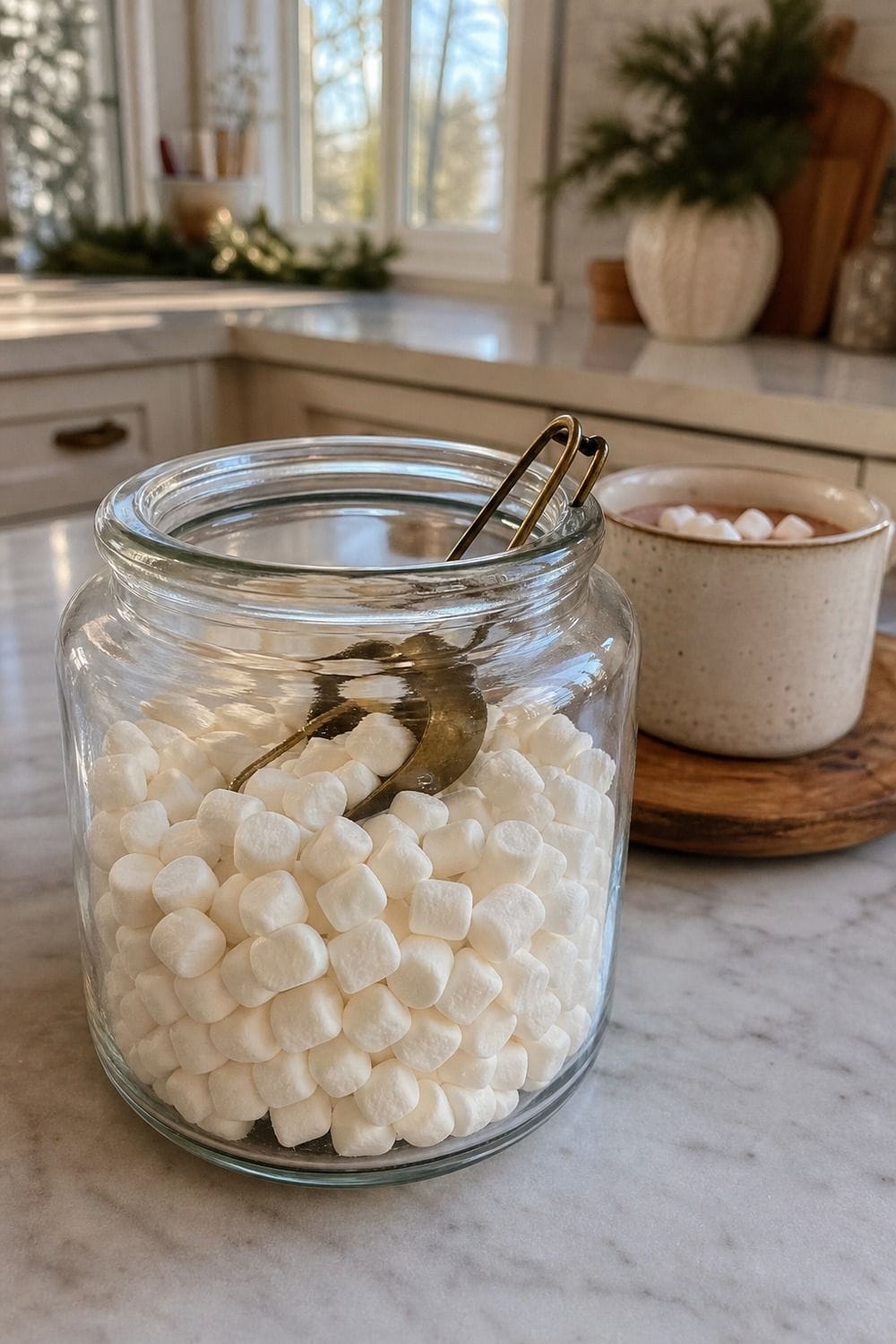 20 Hot Chocolate Station Ideas for Cozy Winter Nights marshmallows in a wide-mouth container setup for a cozy hot chocolate station with practical serving details.
