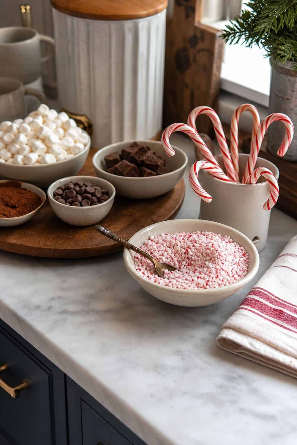 20 Hot Chocolate Station Ideas for Cozy Winter Nights peppermint candy zone setup for a cozy hot chocolate station with practical serving details.