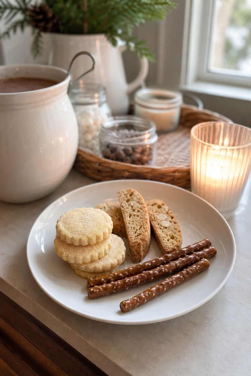 20 Hot Chocolate Station Ideas for Cozy Winter Nights small snack plate beside the cocoa setup for a cozy hot chocolate station with practical serving details.