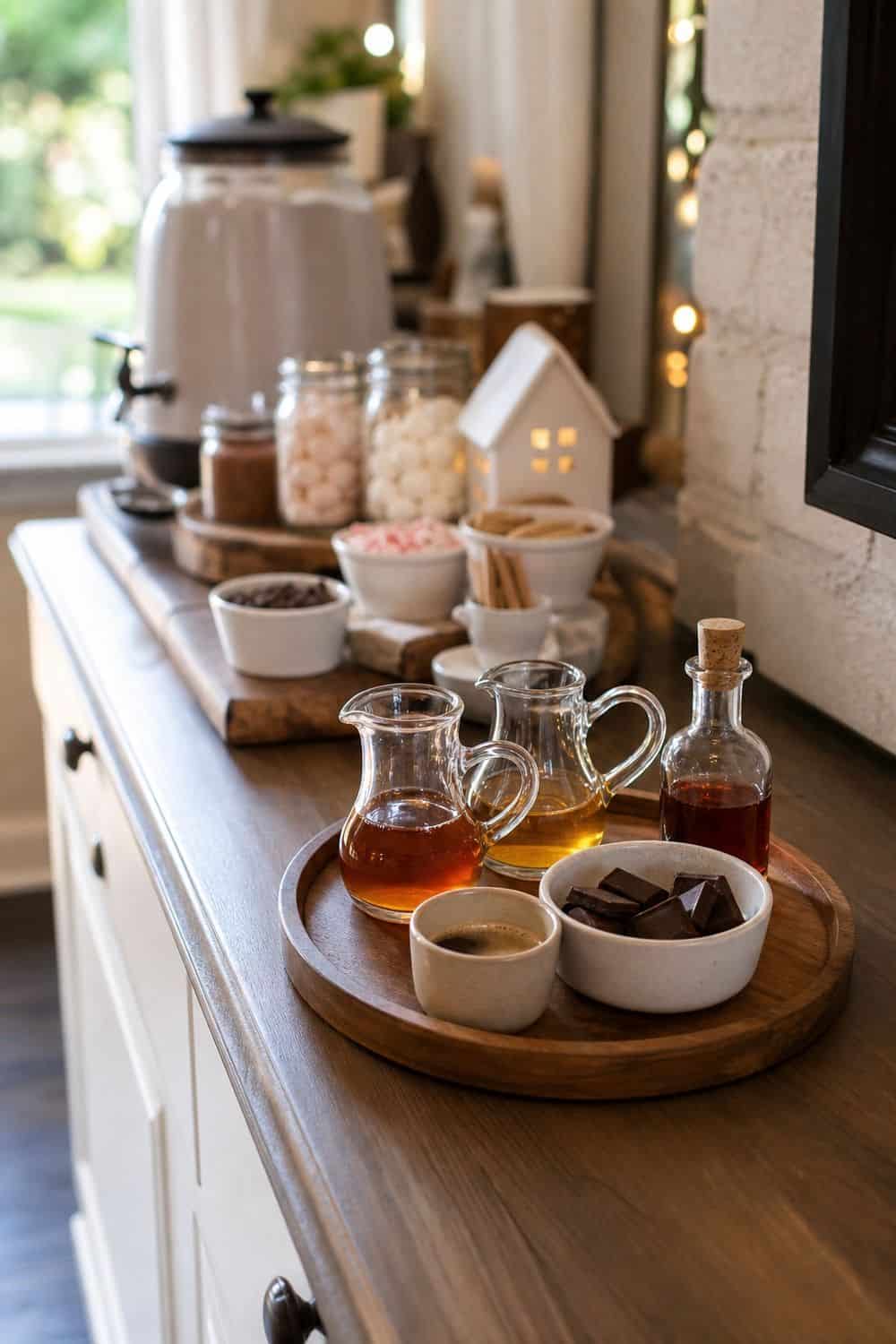 20 Hot Chocolate Station Ideas for Cozy Winter Nights adult add-ins away from the main station setup for a cozy hot chocolate station with practical serving details.