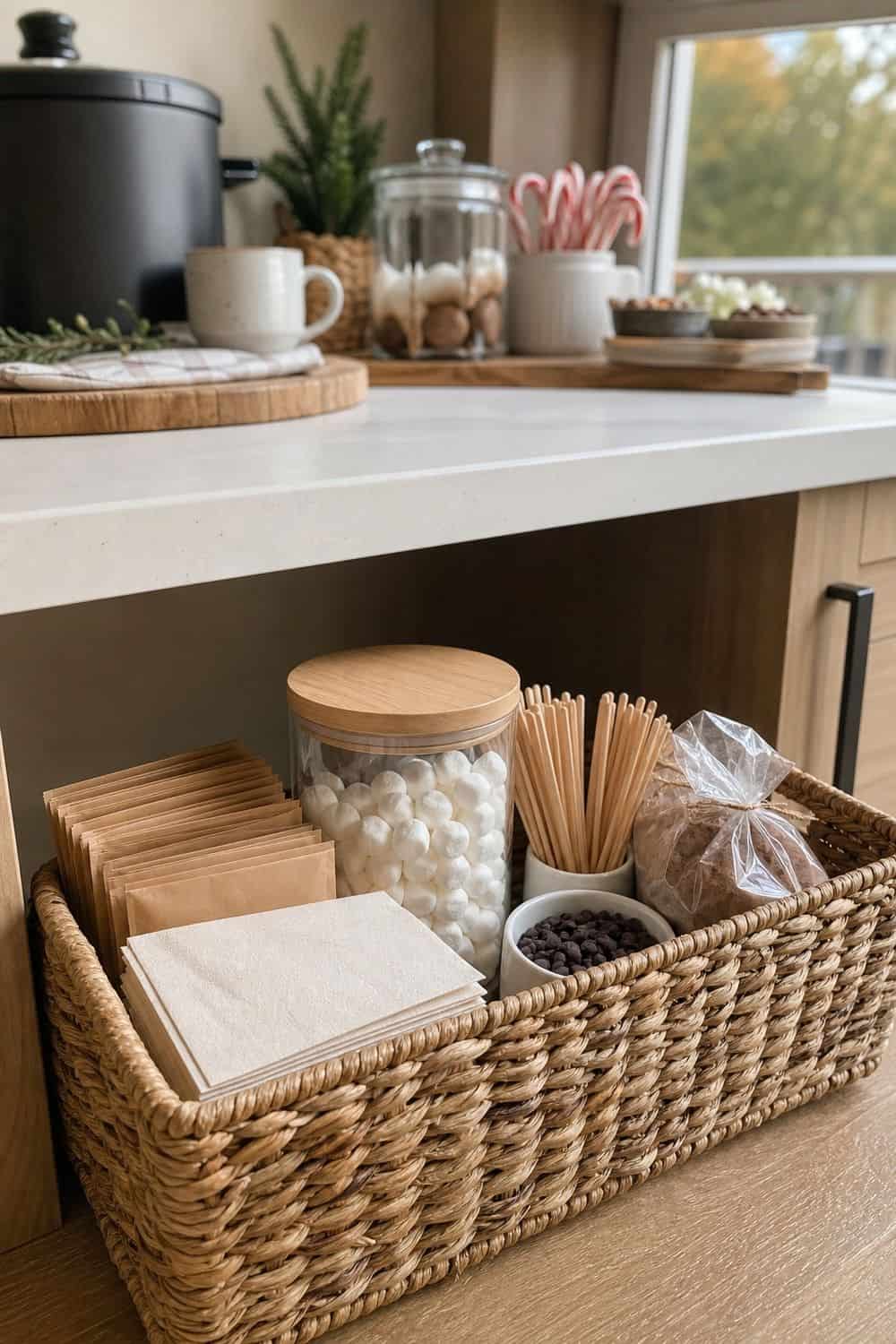 20 Hot Chocolate Station Ideas for Cozy Winter Nights refills in a backstock basket setup for a cozy hot chocolate station with practical serving details.
