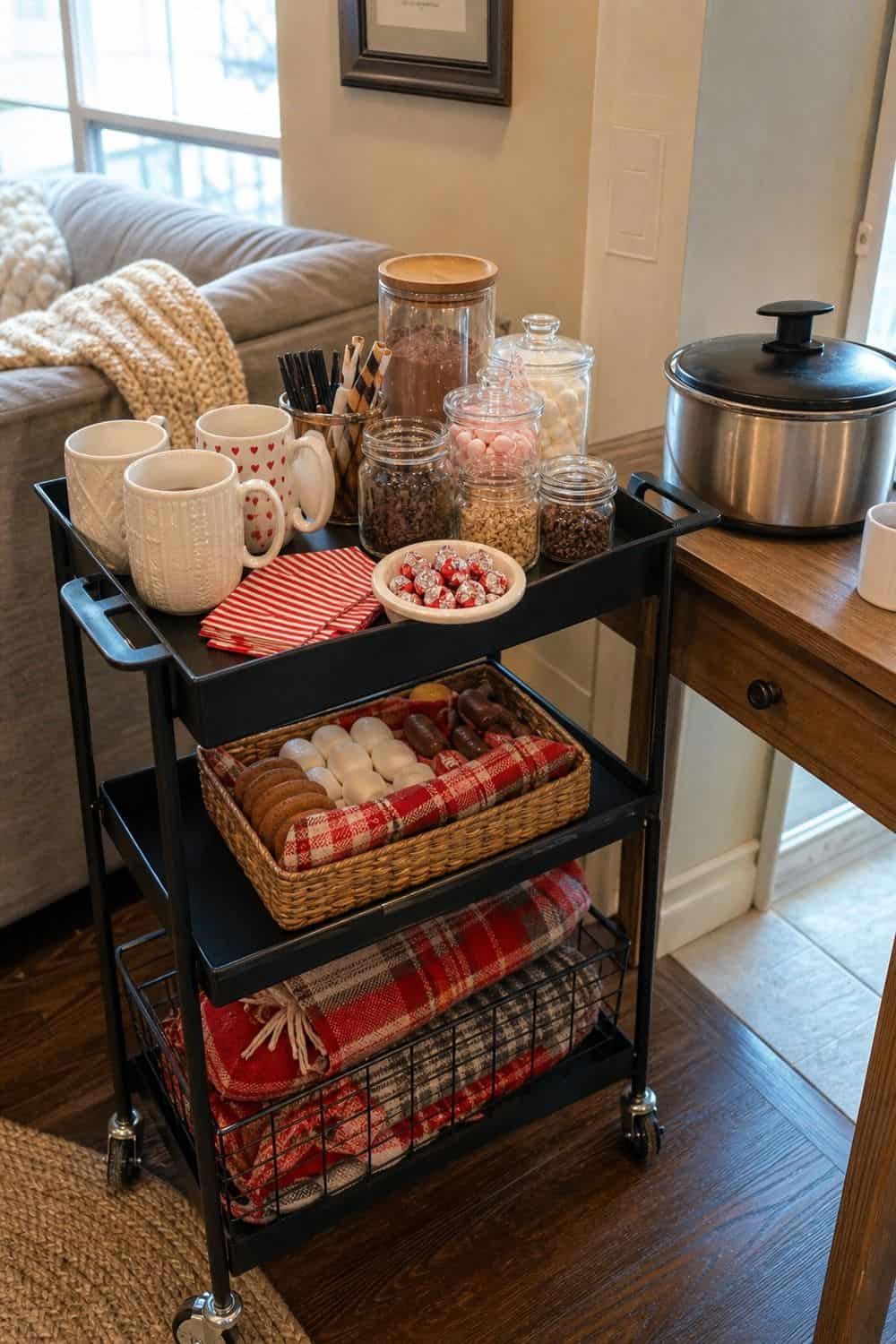 20 Hot Chocolate Station Ideas for Cozy Winter Nights rolling cart cocoa station setup for a cozy hot chocolate station with practical serving details.