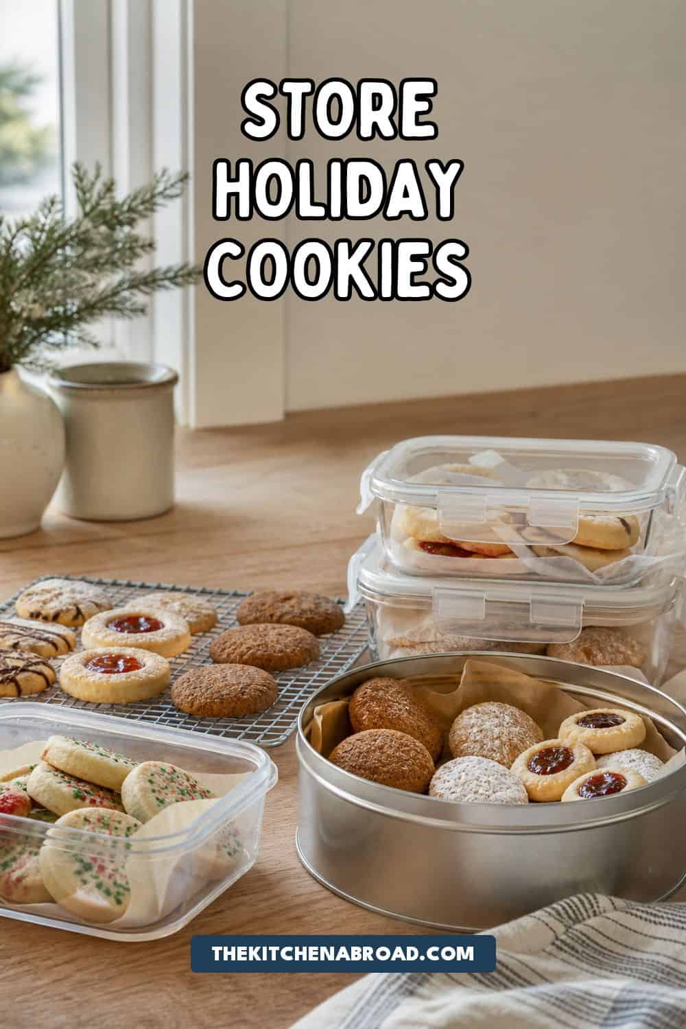 How to Store Holiday Cookies So They Stay Fresh Pinterest pin for how to store holiday cookies with organized cookie storage containers.