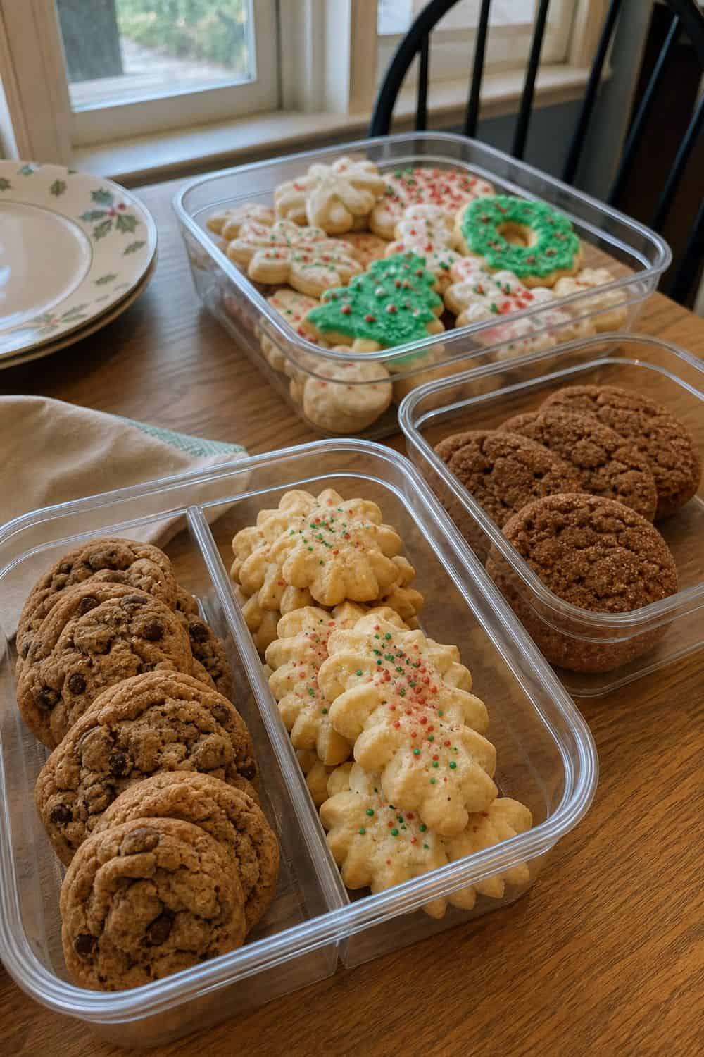 How to Store Holiday Cookies So They Stay Fresh Holiday cookies sorted by texture into separate storage containers.